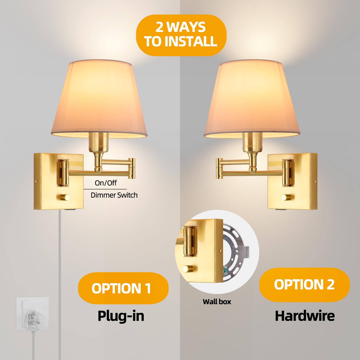 Dimmable Swing Arm Wall Sconce Light with USB Port - Adjustable Fabric Shade Bedside Lamp with Plug-in Cord, Gold Wall Light for Bedroom, Living Room & Hotel | Perfect for Reading, Nightstand Lighting and Modern Home Decor