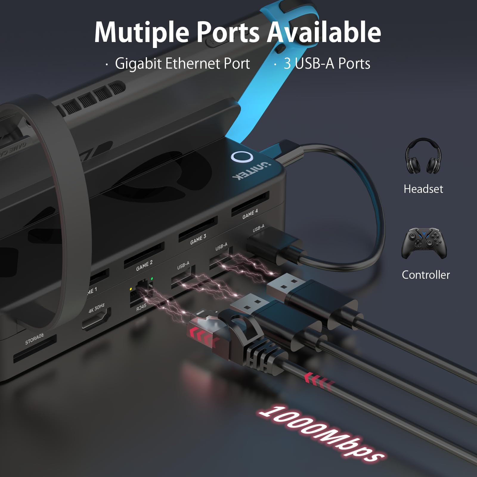 Unitek Switch Dock Station - 4K HDMI/USB 3.0/USB-C Charging Ports, Portable Nintendo Switch Dock Replacement with 4 Game Card Slots | Perfect for Travel, Home Gaming & Multiplayer Sessions