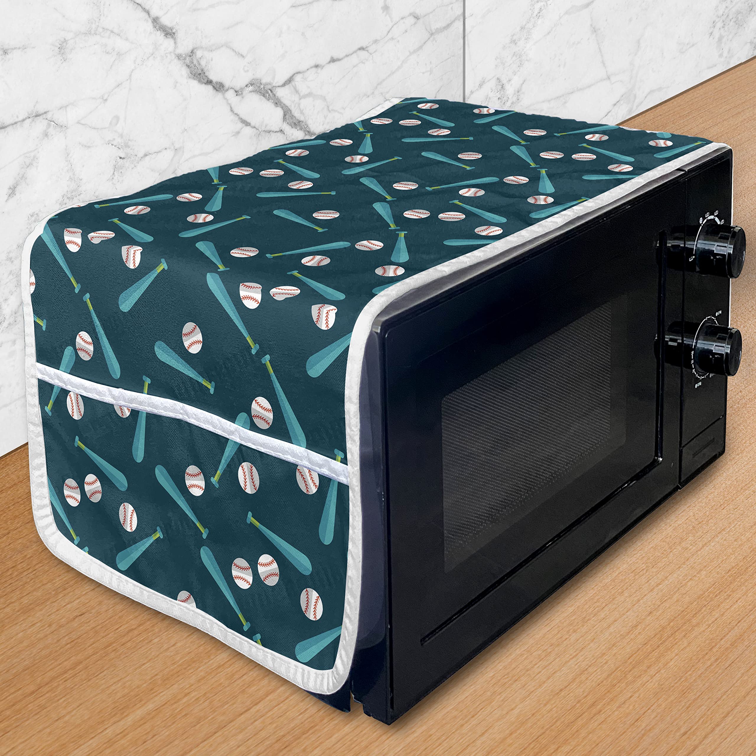 Ambesonne Baseball Microwave Cover - Water Resistant Kitchen Organizer with Pockets, Softball Theme Design with Bats & Balls (36