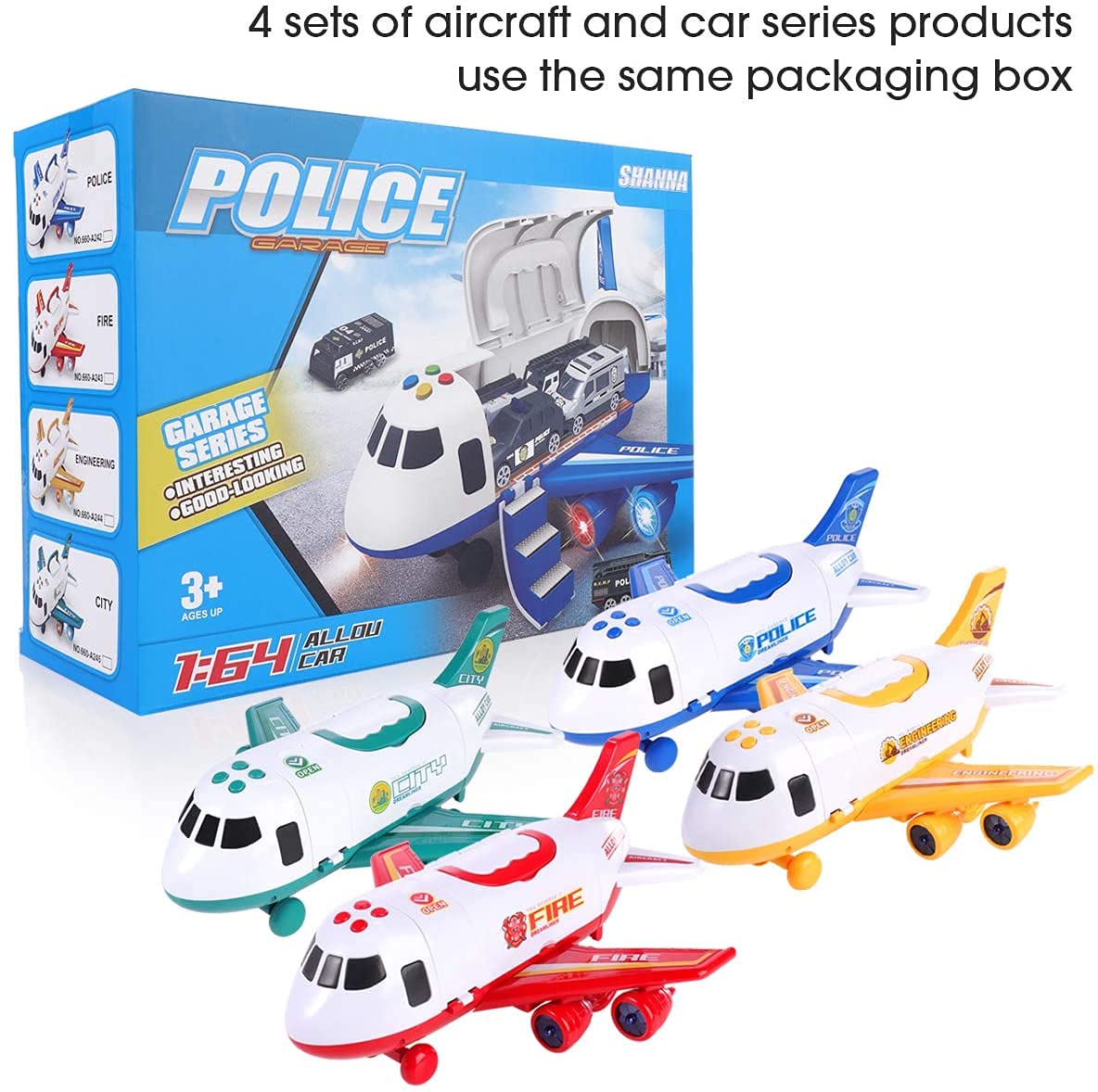 Transformable Airplane & Vehicle Toys Set - Fire Truck, Police Car & Construction Vehicles for Kids | Christmas & Birthday Gift for 3-6 Year Old Boys | Storage Box Included (Yellow & Blue) | Pretend Play, Travel & Learning Toys