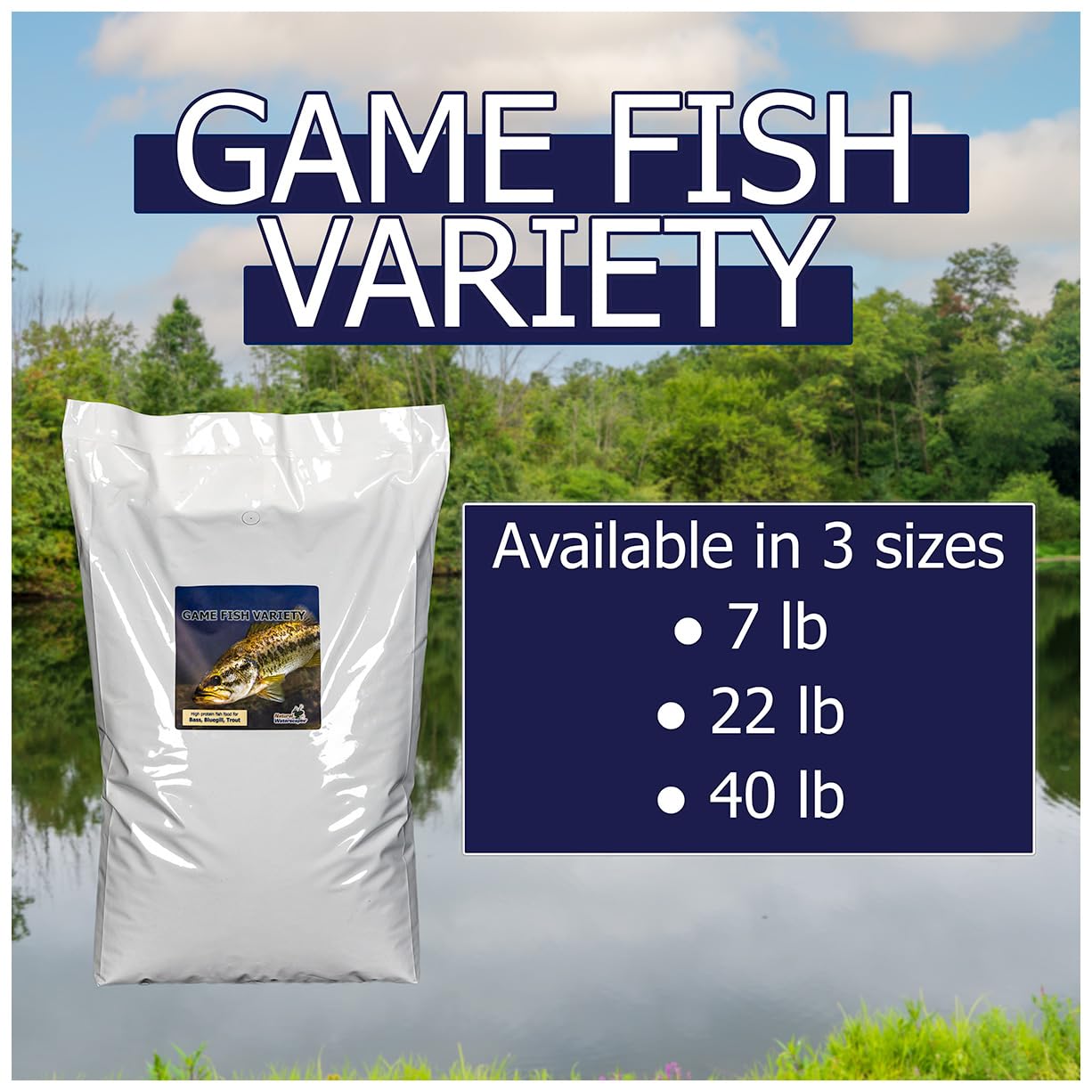 Premium Natural Waterscapes Game Fish Food Pellets - 22lb Bag for Bass, Bluegill, Trout, Catfish & Tilapia | High Protein Floating Fish Feed for Ponds & Lakes | Perfect for Recreational Fishing & Aquaculture