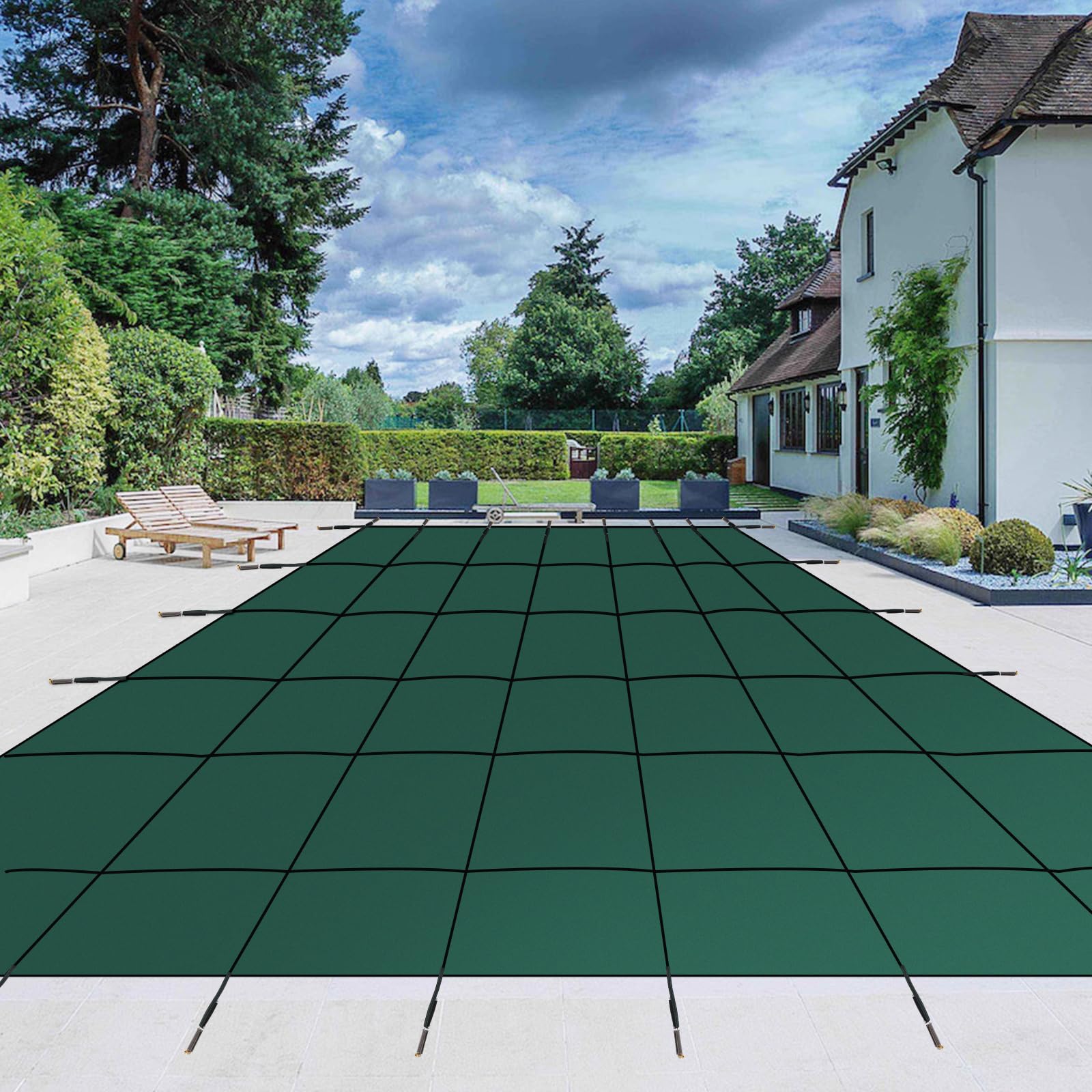 GARVEE 18x34ft Inground Pool Safety Cover with Center Steps - Heavy Duty Mesh Net, Complete Installation Kit & Anchors - Fits 16x32ft Swimming Pools - Perfect for Backyard, Family, and Pet Safety Protection