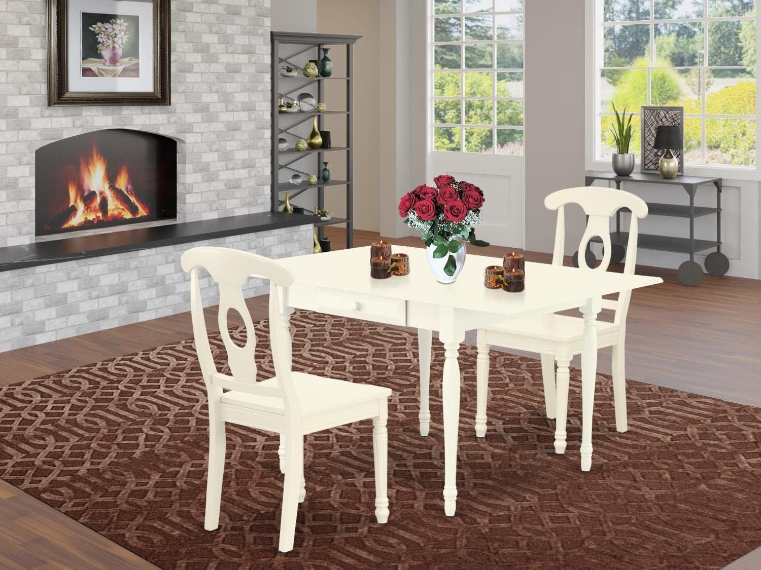 East West Furniture MZKE3-LWH-W 3-Piece Kitchen Table & Chairs Set - 36x54 Inch Rectangle Drop Leaf Dining Table with 2 Matching Chairs in Linen White | Perfect for Small Spaces, Breakfast Nooks & Cozy Dining Areas