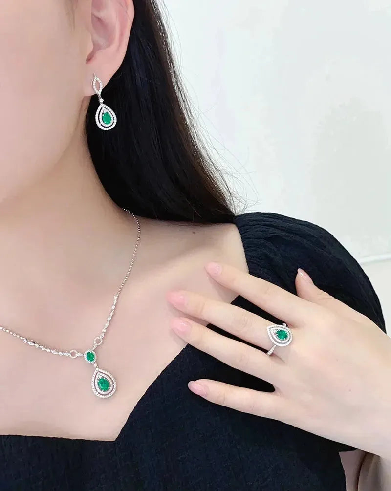 18K White Gold Diamond & Natural Emerald Jewelry Set for Women - Elegant Necklace, Earrings & Ring Set | Luxury Gift for Anniversary, Wedding & Special Occasions