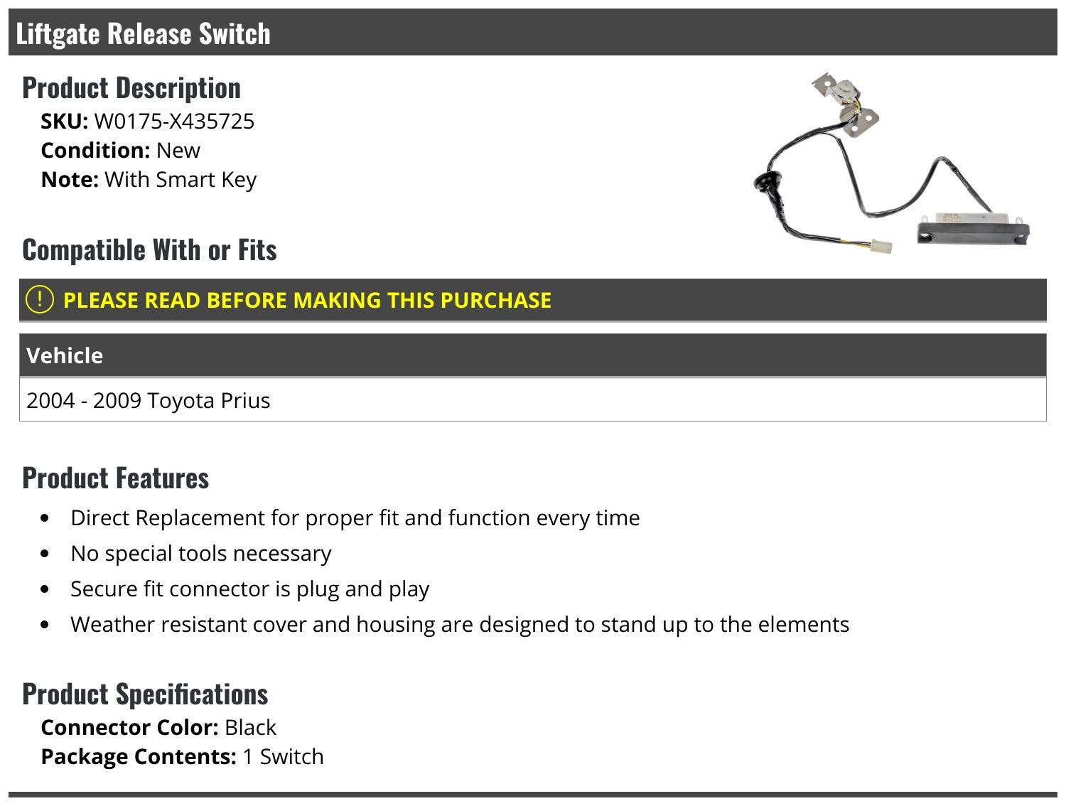 Toyota Prius Liftgate Release Switch 2004-2009 - Black Smart Key Compatible Replacement Part - Perfect for Trunk Access & Keyless Entry System
