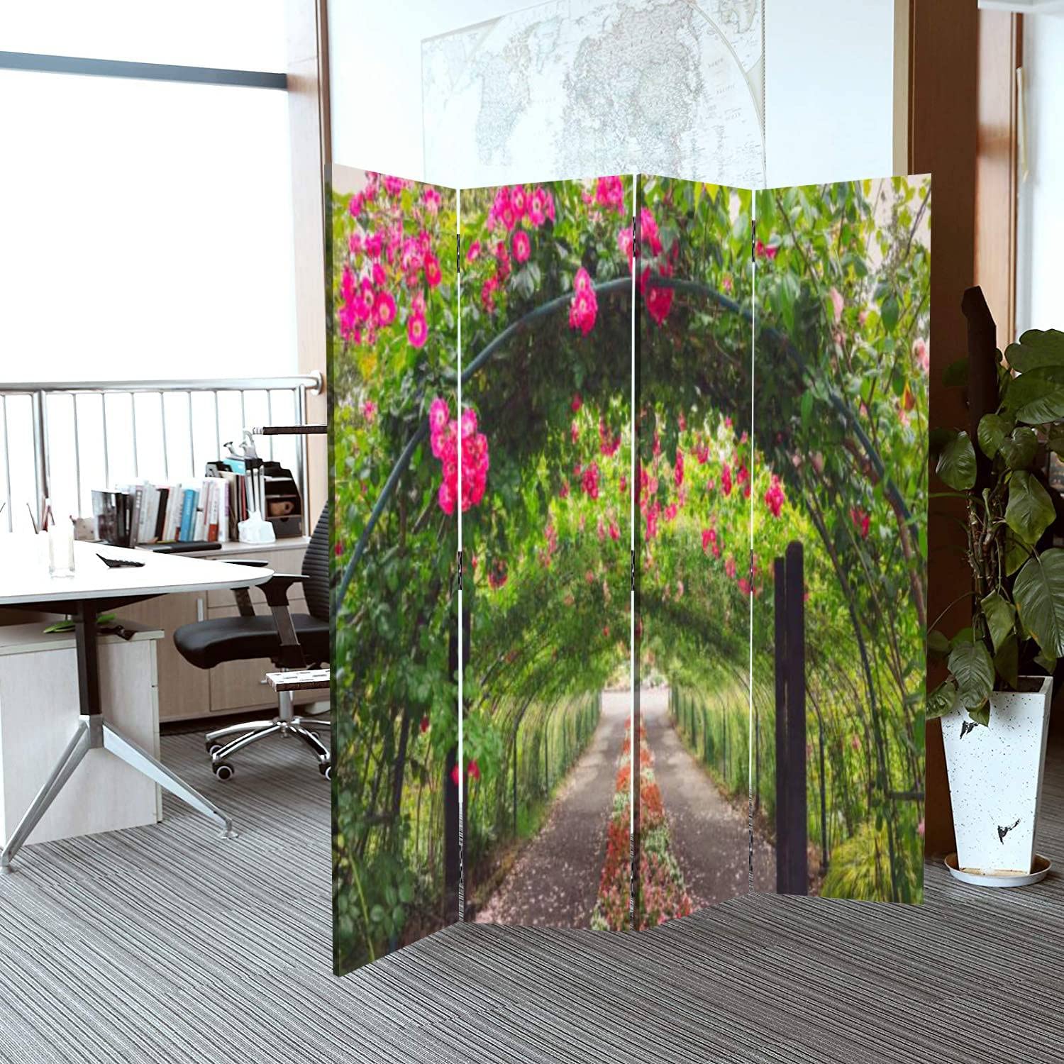 4 Panel Canvas Room Divider Screen with Pink Rose Arbor Design - Folding Privacy Partition for Bedroom, Office & Living Space | Temporary Wall Divider for Home Decor & Space Separation