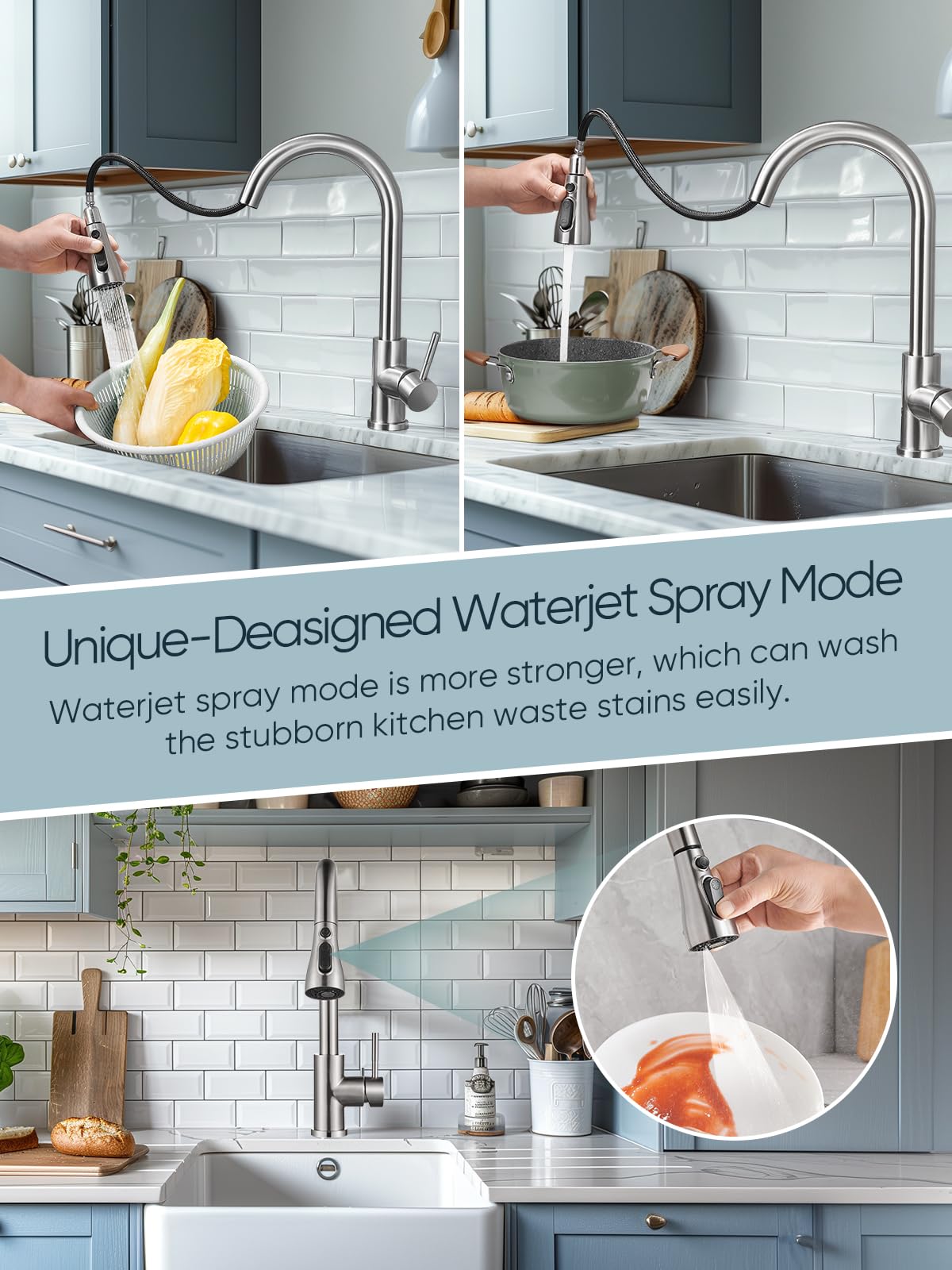 Cobbe Kitchen Faucet Head Replacement - 3 Function Pull Down Spray Head for Kitchen Sink Faucet with 12 Adapters, Brushed Nickel (Fits American Standard) - Perfect for Dishwashing, Food Prep & Deep Cleaning