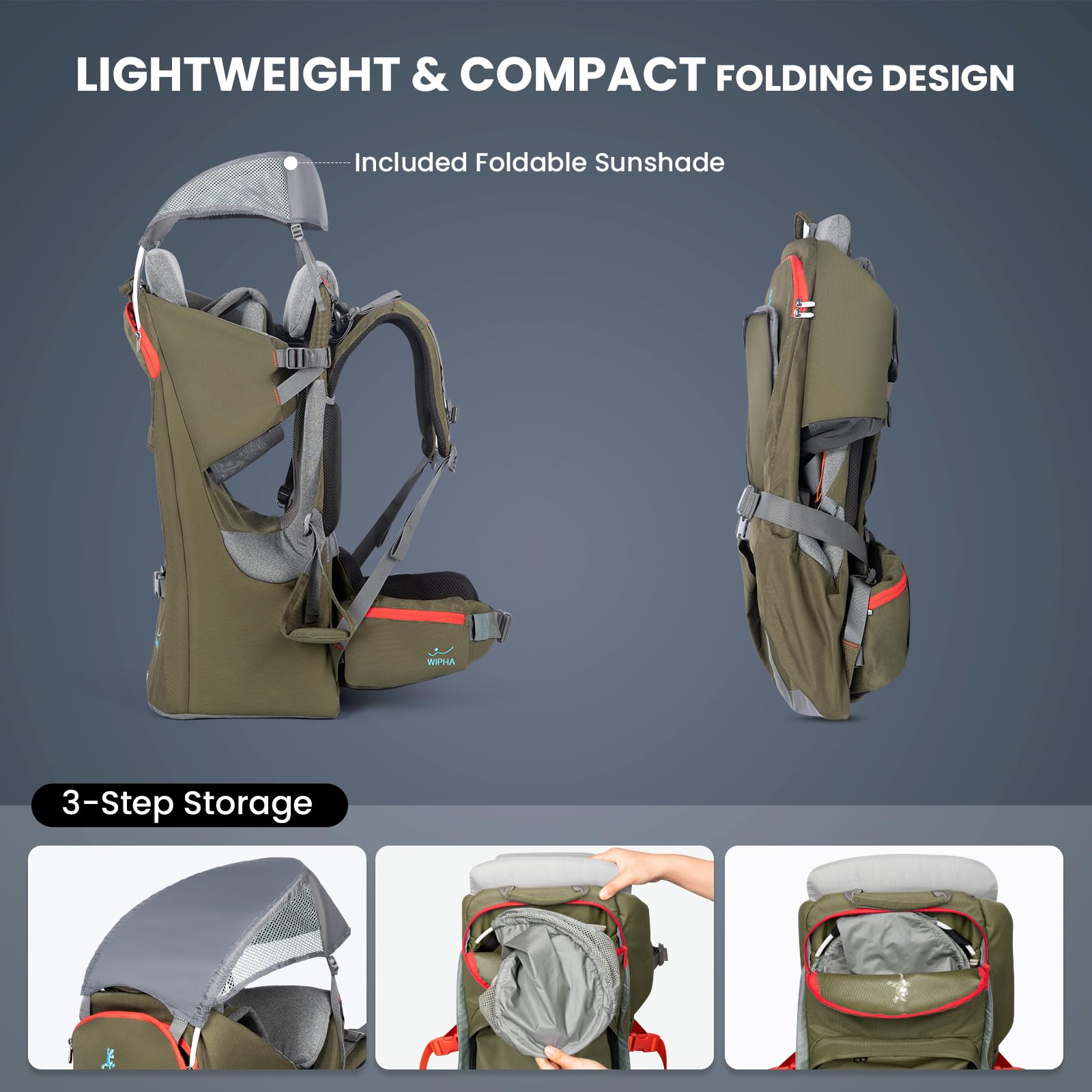 WIPHA Ergonomic Baby Backpack Carrier for Hiking - Adjustable Padded Child Seat with Sun Canopy, Large Storage & Insulated Pocket - Safe Toddler Carrier for Outdoor Adventures, Travel & Parenting