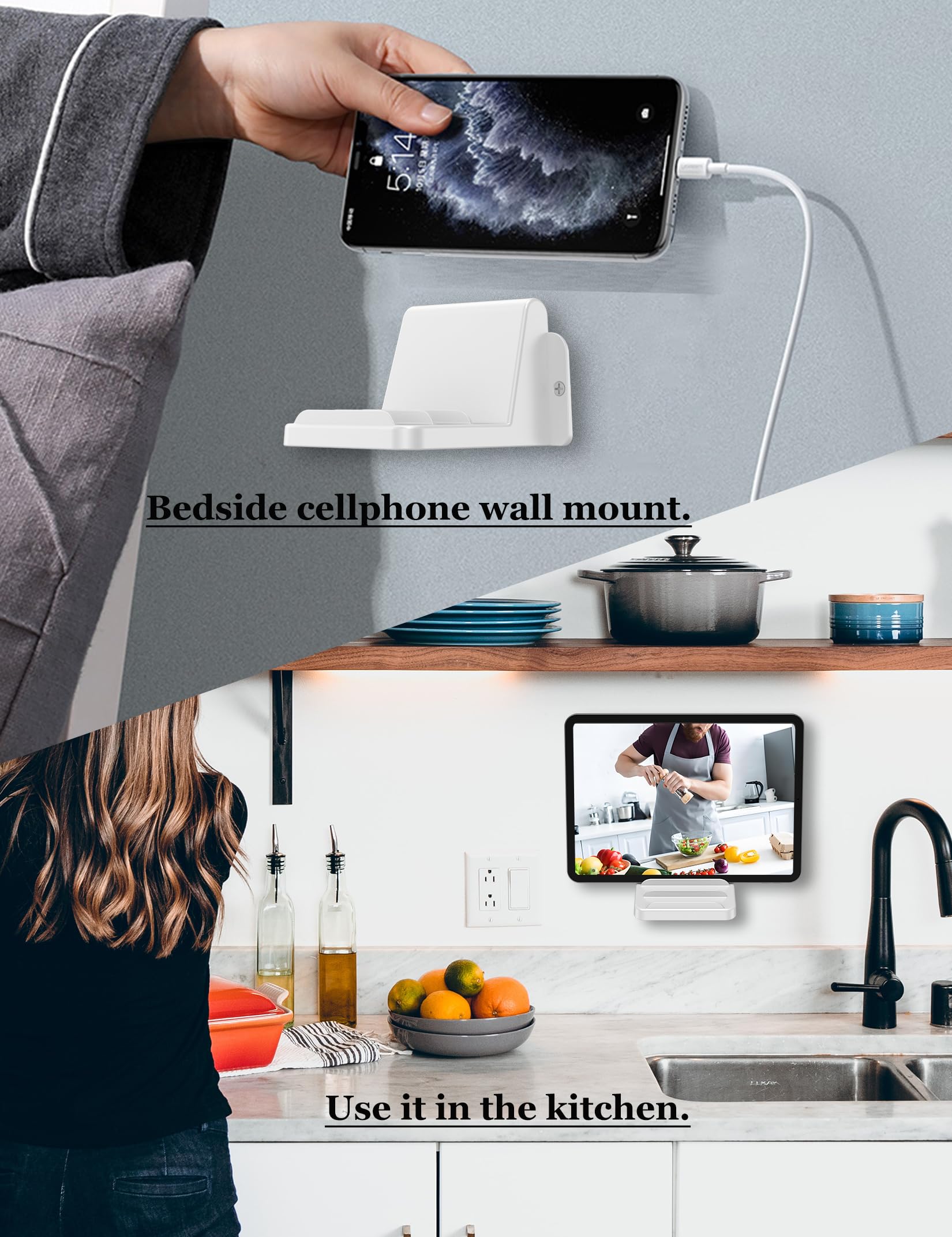 Wall Mount Phone Holder for iPhone & Smartphones, Tablet Stand Compatible with iPad & Kindle - Adjustable 3-Slot Design for Bathroom, Bedroom & Kitchen - Perfect for Hands-Free Viewing While Cooking, Showering or Relaxing (White)