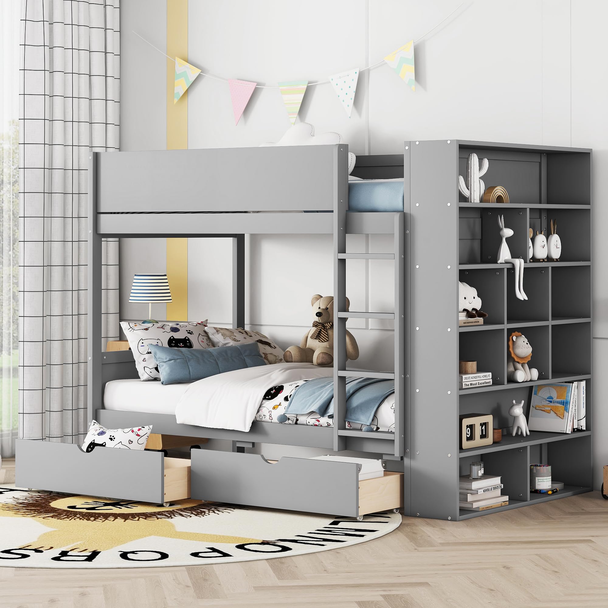 P PURLOVE Twin Over Twin Wooden Bunk Bed with 2 Drawers & Multi-Layer Storage Cabinet - Space-Saving Kids Bunk Bed Frame for Bedrooms, Dorms, and Small Spaces
