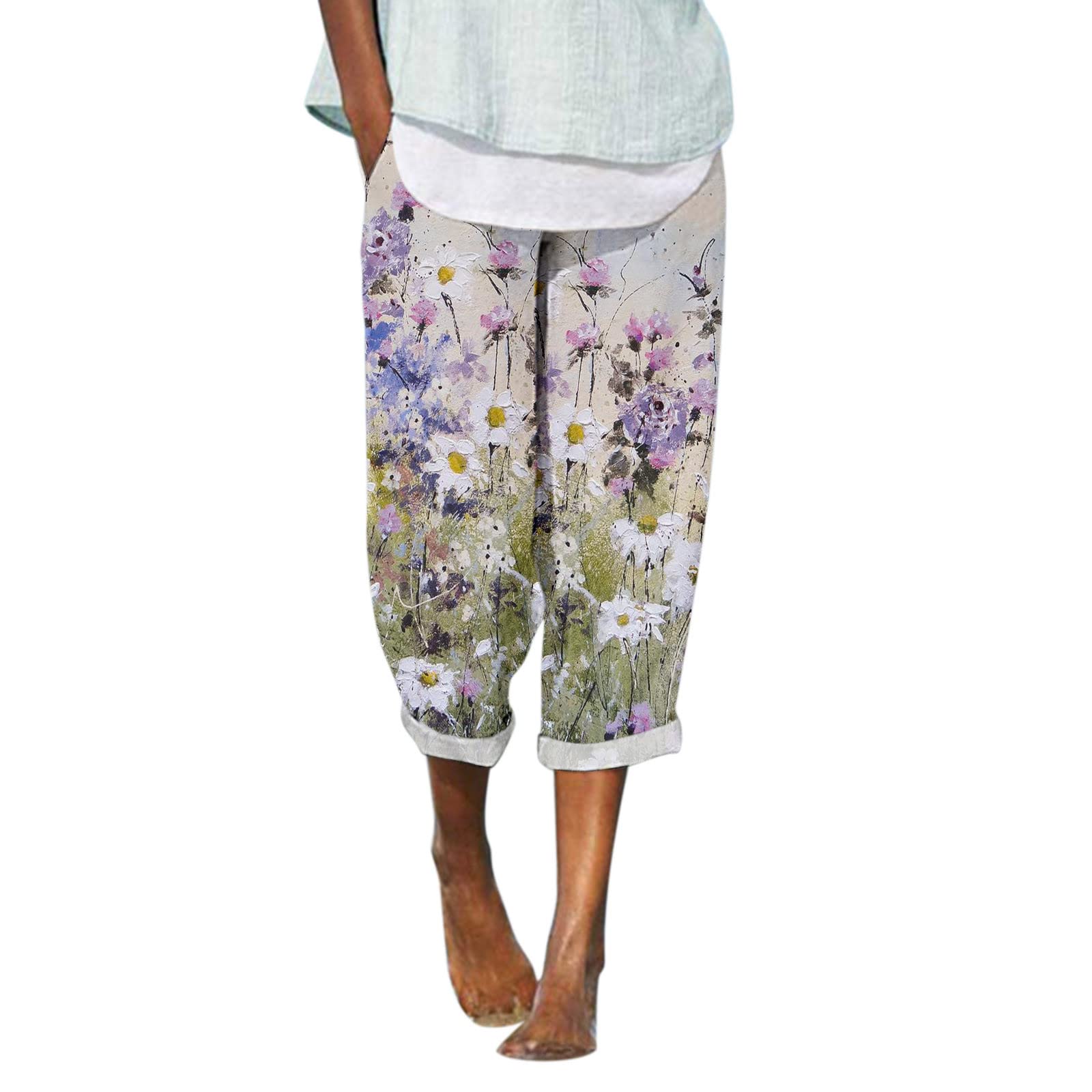 Women's High Waisted Cotton Print Straight Beach Pants with Pockets - Lightweight Summer Trousers for Casual Wear, Vacation, and Beach Outings