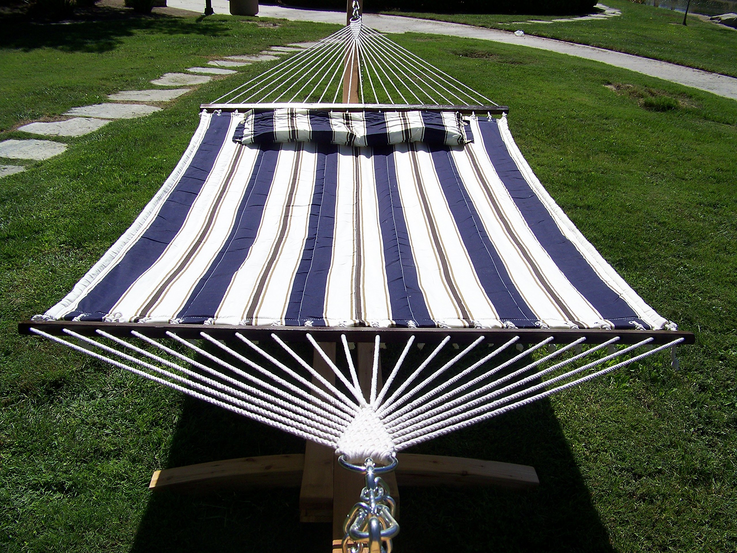 14 Ft. Wooden Arc Hammock Stand with Deluxe Quilted Double Padded Hammock Bed & Pillow - 2 Person Outdoor Hammock, 450 LB Capacity (Natural Stain/Elegant Blue Stripe) - Perfect for Backyard Relaxation, Patio Lounging & Camping Getaways