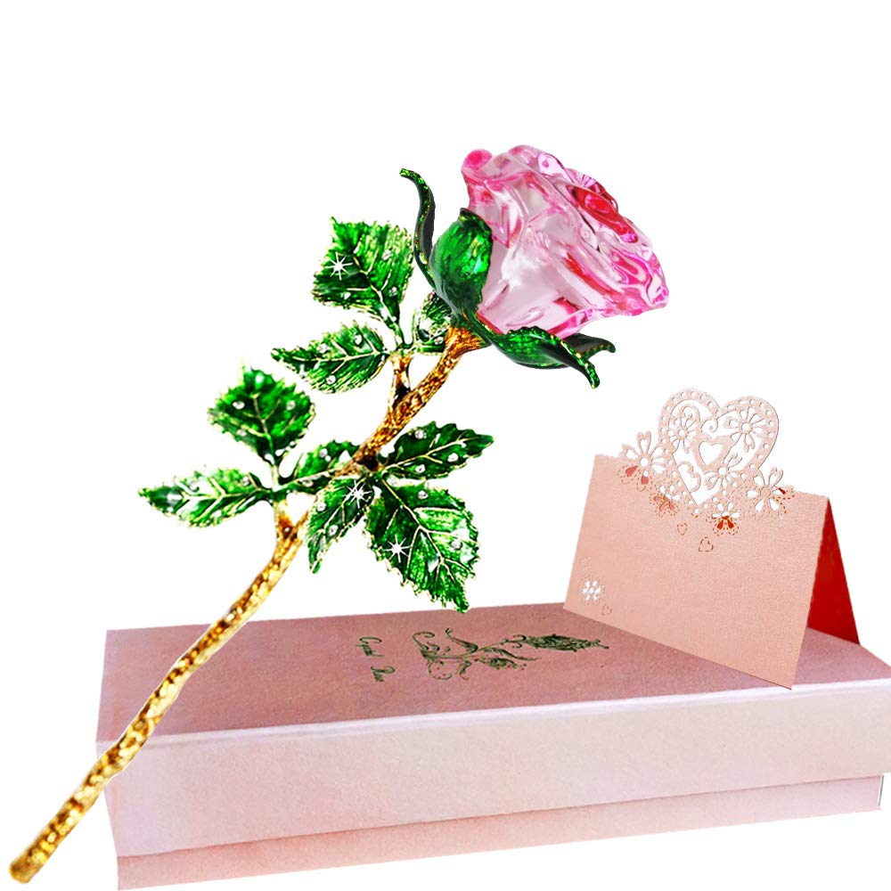 Eternal Pink Glass Rose Gift for Women - K9 Crystal Rose with Green Leaves & Wish Card - Unique Birthday, Christmas, Wedding, Valentine's Day Present - Perfect for Home Decor, Anniversary Surprise & Romantic Gestures