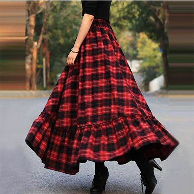 Women's Fashion Loose Shirring Bandage Spliced Ruffles Plaid Skirt - Spring Oversized Long Skirt for Casual Outfits & Office Wear | Perfect for Date Nights, Parties and Everyday Style