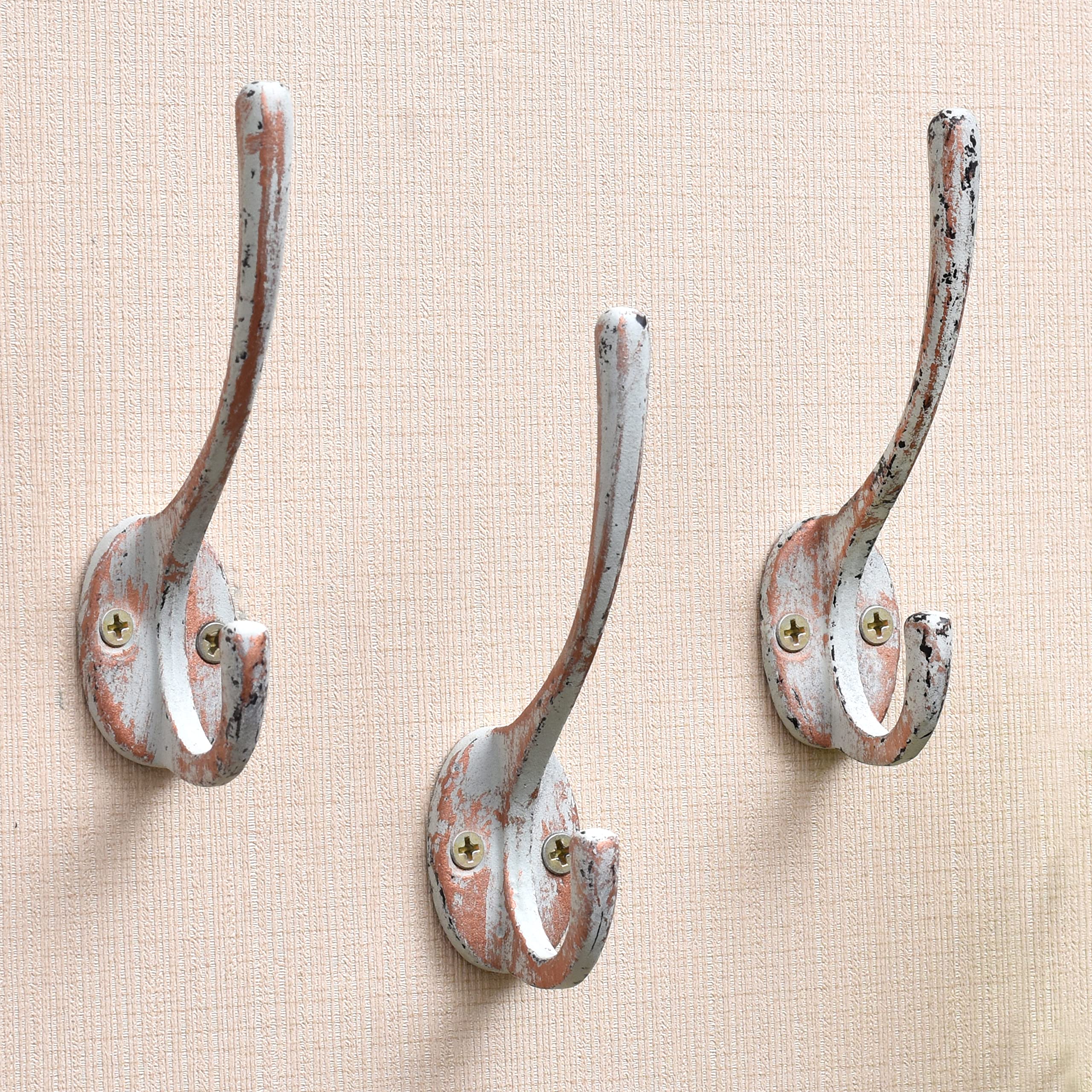 Vintage Rustic Wall Hooks Set of 3 - Shabby Chic Farmhouse Coat Hooks - Distressed Cast Iron Hooks for Entryway, Bathroom & Bedroom Organization