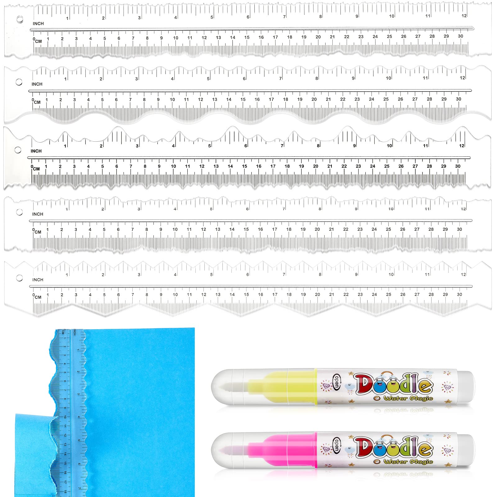 5-Piece Deckle Edge Ruler Set - 12 Inch Acrylic Paper Tearing Ruler for Scrapbooking, Card Making & DIY Crafts - Includes 2 Watercolor Markers for Creating Beautiful Wavy & Irregular Edges - Perfect for Handmade Cards, Journals, Photo Albums & Art Projects