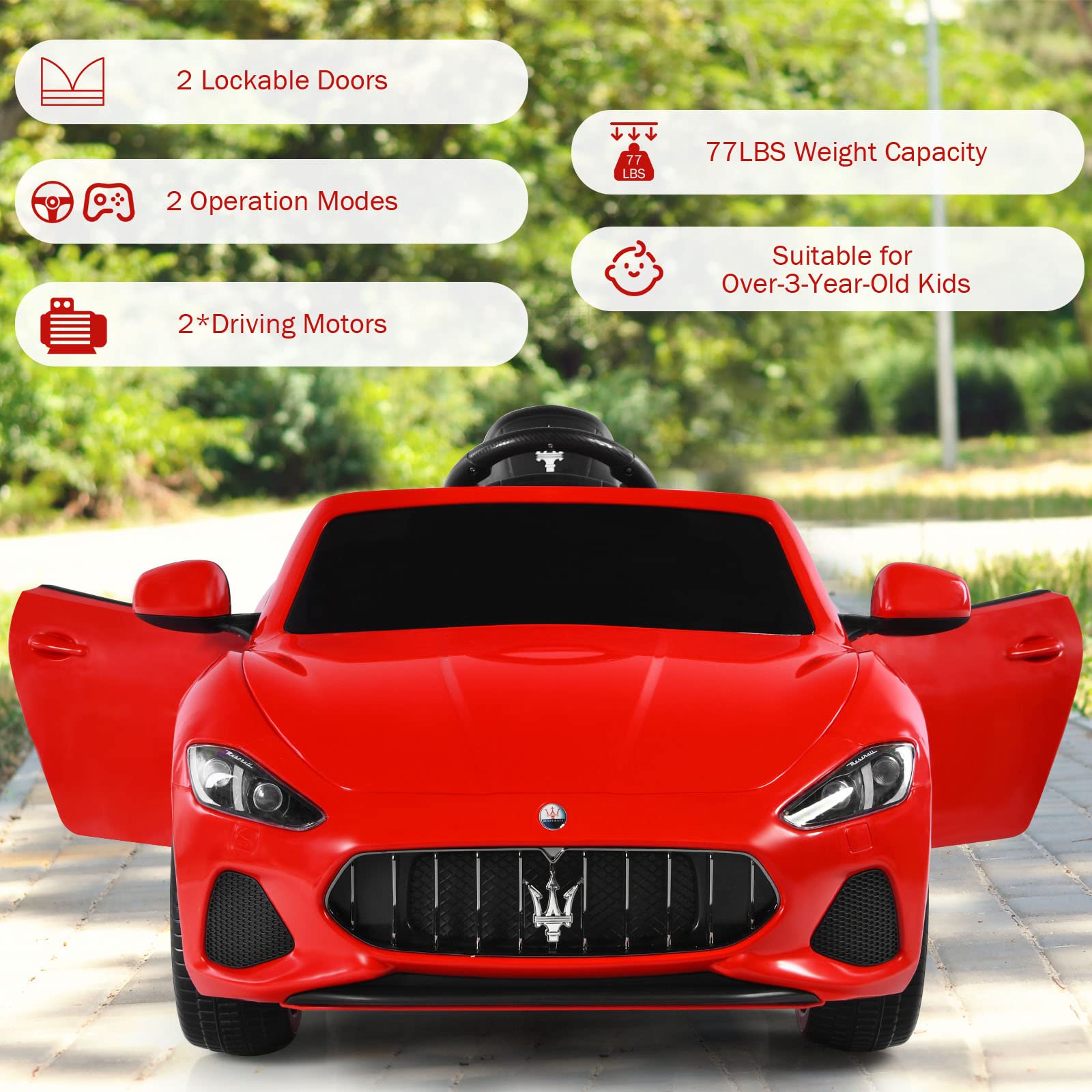 Costzon 12V Licensed Maserati GranCabrio Kids Electric Ride-On Car with Remote Control - Spring Suspension, LED Lights, USB Port, Horn & Music - 4-Wheeler Battery Powered Vehicle for Boys & Girls (Red) | Perfect Birthday Gift, Outdoor Play & Pretend Driving Fun