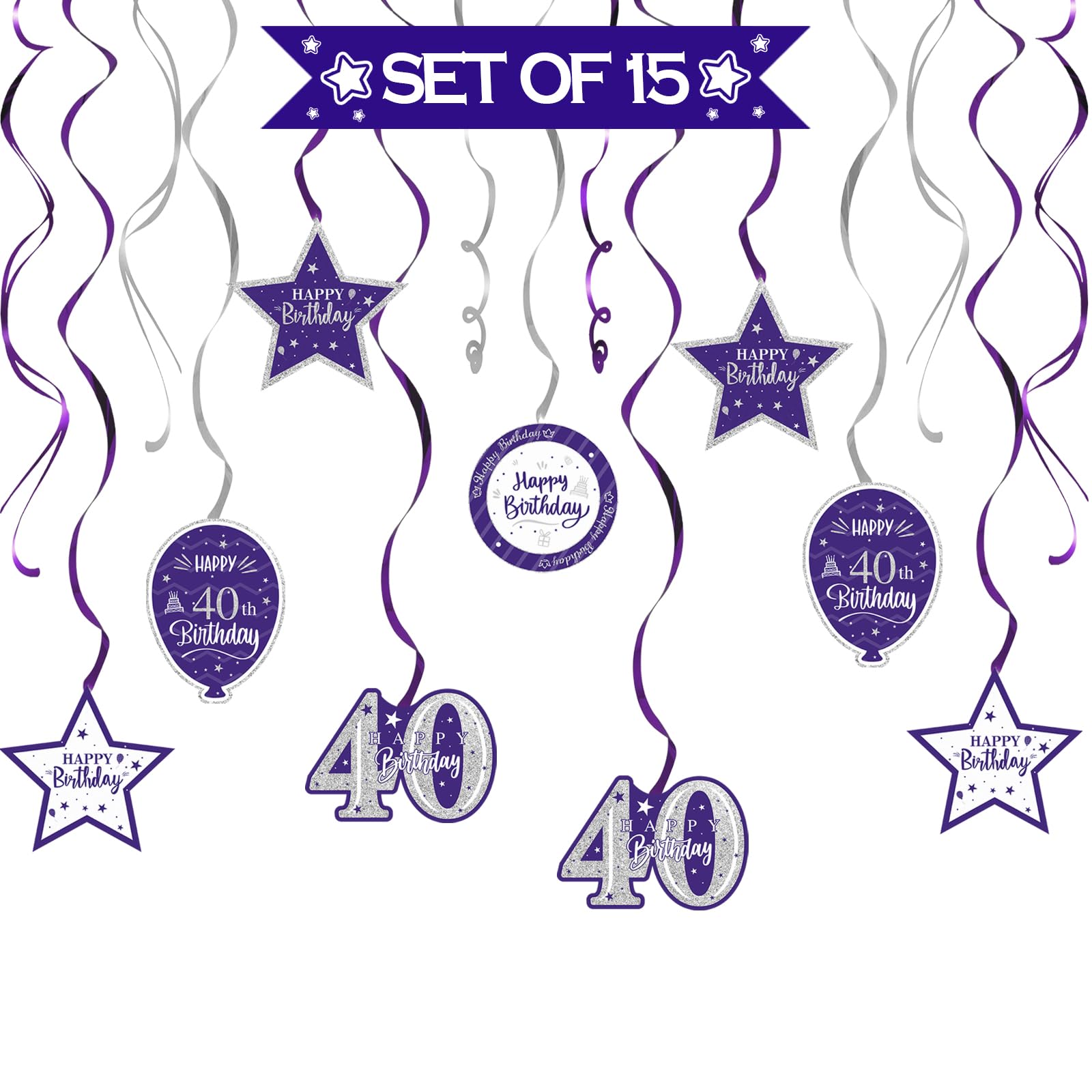 40th Birthday Party Decorations - 15 Pcs Purple & Silver Glitter Swirl Streamers Kit for Hanging Decor, Perfect for 40th Birthday Sign, Backdrop, Wall & Ceiling Decorations | Great for Anniversary Celebrations, Milestone Parties & Festive Events