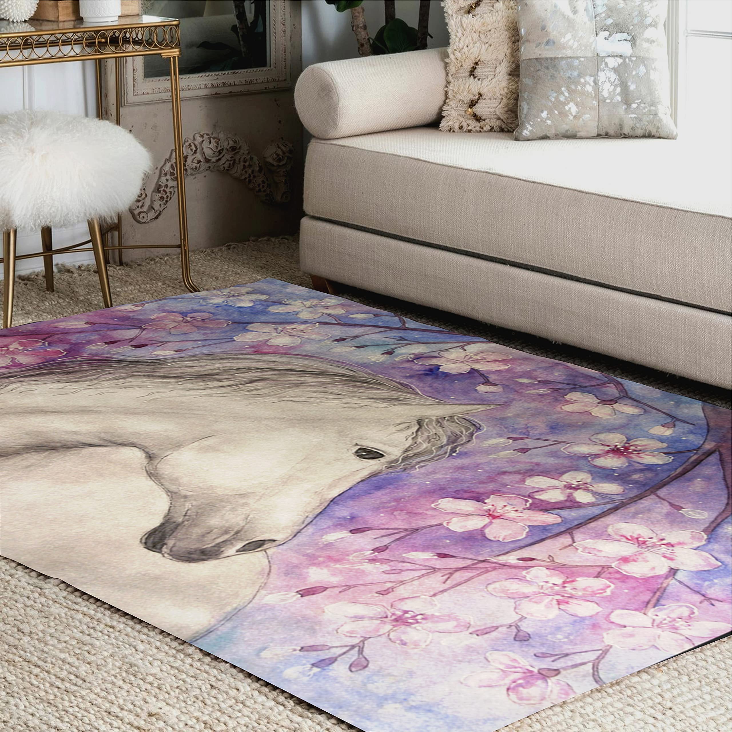 ALAZA Oil Painting Horse Cherry Blossom Area Rug - 5'3