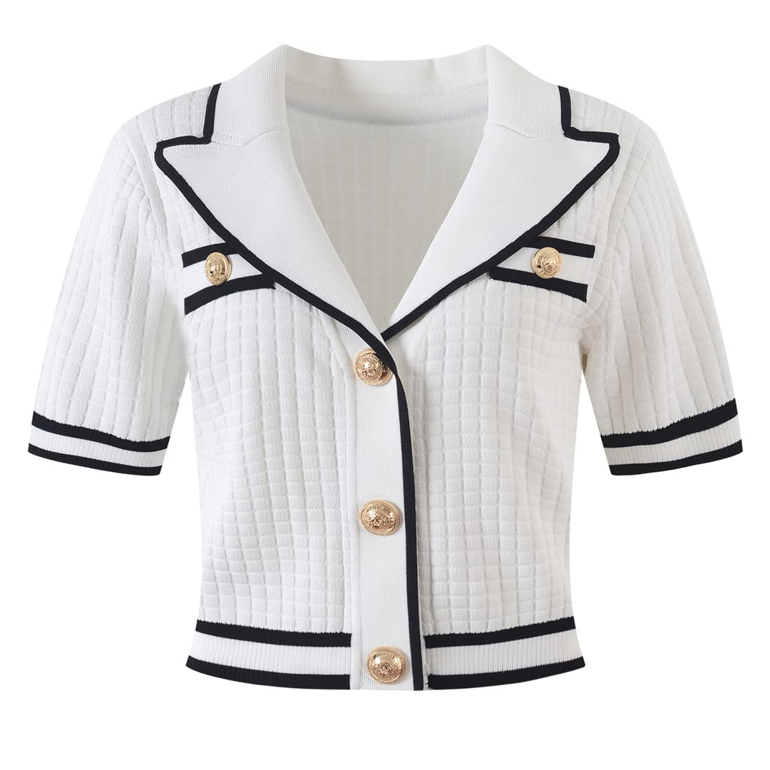 Women's Summer Outfit - Gold Button Short Knitted Cardigan & Mini Skirt Two-Piece Set (White) | Casual Chic Look for Beach, Date Night & Summer Vacation