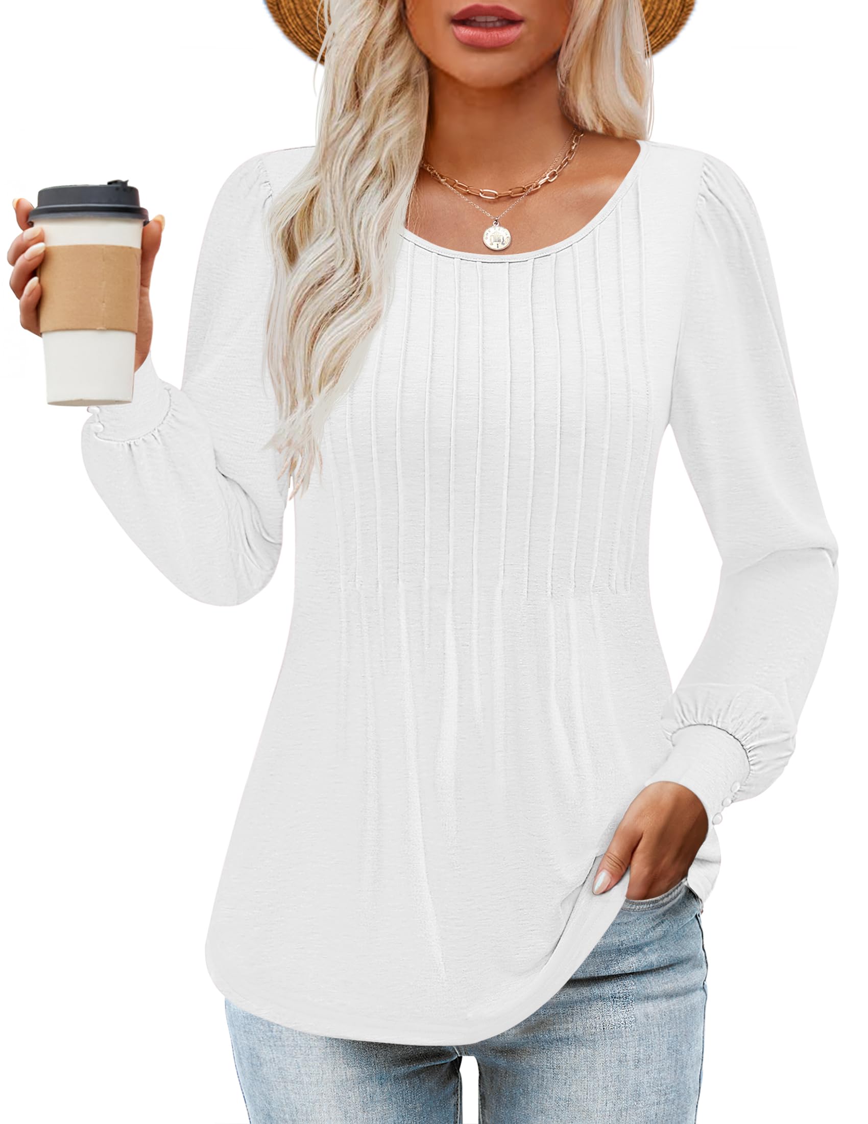 ZESICA Women's Long Sleeve Crew Neck Pleated Tunic Blouse - Fall Casual Tops for Work, Date Night & Everyday Wear