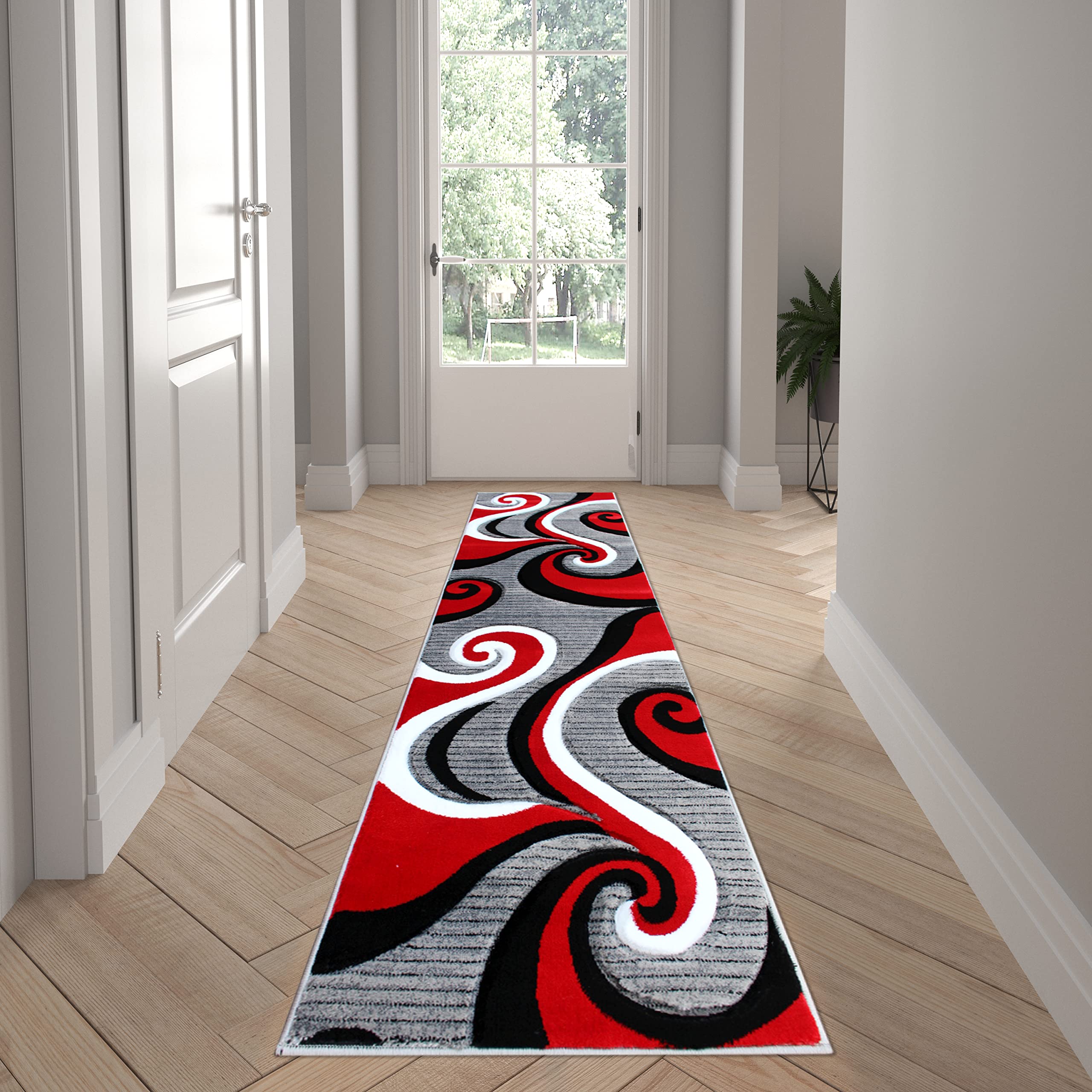 EMMA + OLIVER Olefin Accent Rug - Red Contemporary Swirl Pattern - 2x7 Feet 3D Sculpted Effect - Stain Resistant Indoor/Outdoor Rug with Jute Backing - Perfect for Living Room, Bedroom or Patio Decor