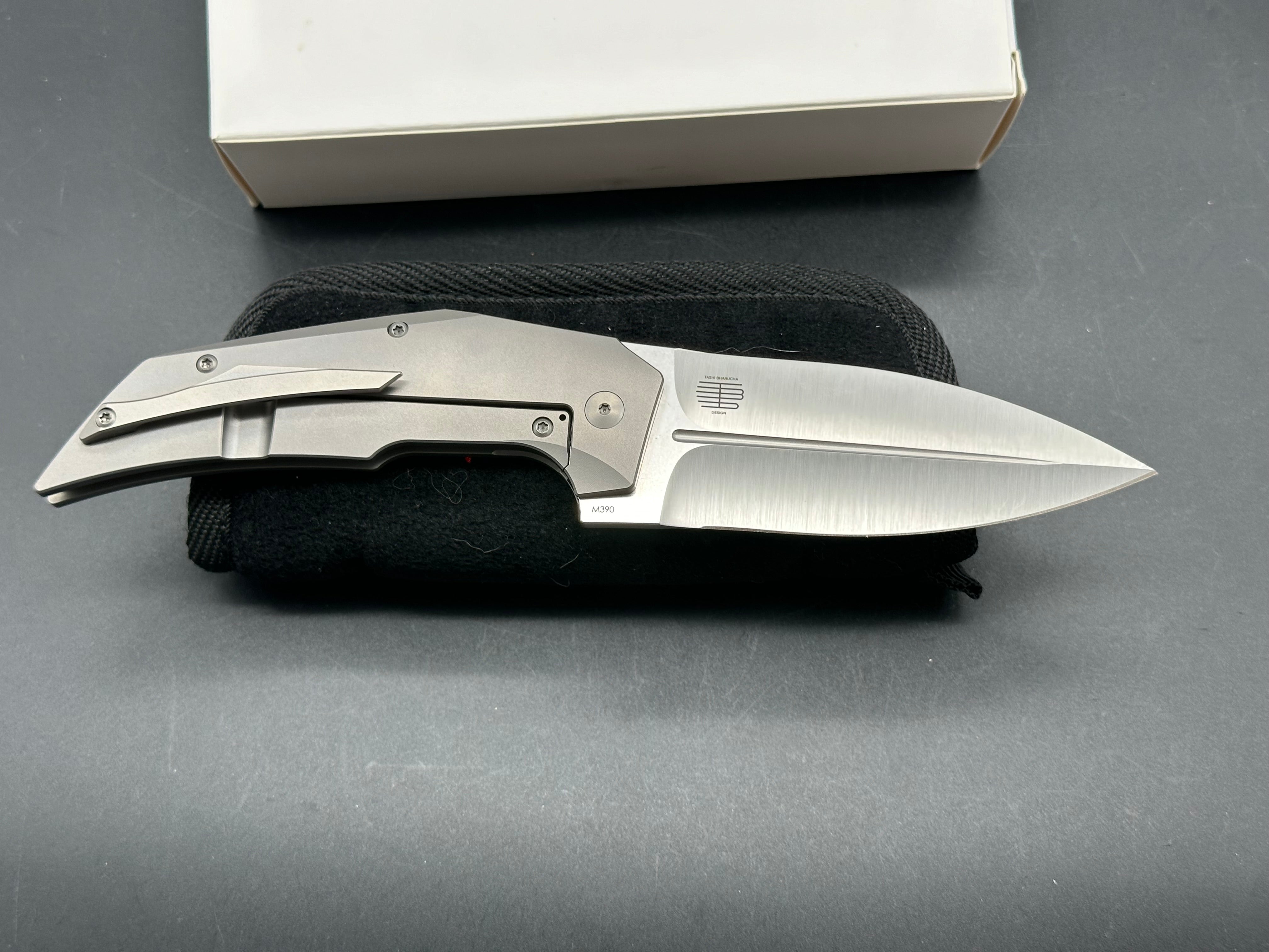 Reate Knives Tashi Bharucha T4000 Folding Pocket Knife - Grey Titanium Frame, Olive Green Micarta Handle, M390 Steel Blade - EDC, Outdoor Camping, Survival Gear