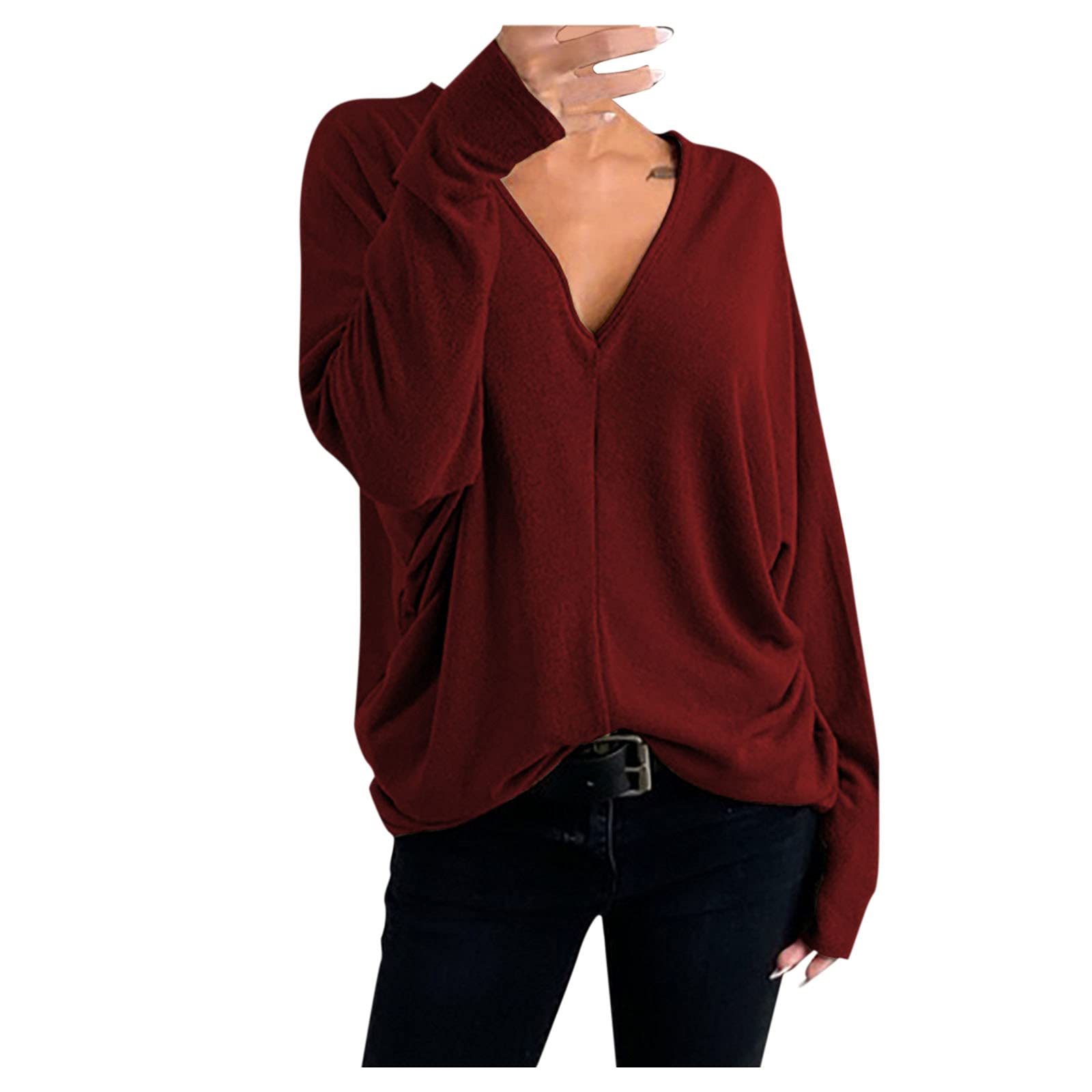 Women's Sexy Deep V-Neck Wrap Waffle Knit Long Sleeve Pullover Sweater - Loose Fit Casual Tops for Date Night/Office Wear/Weekend Outfits