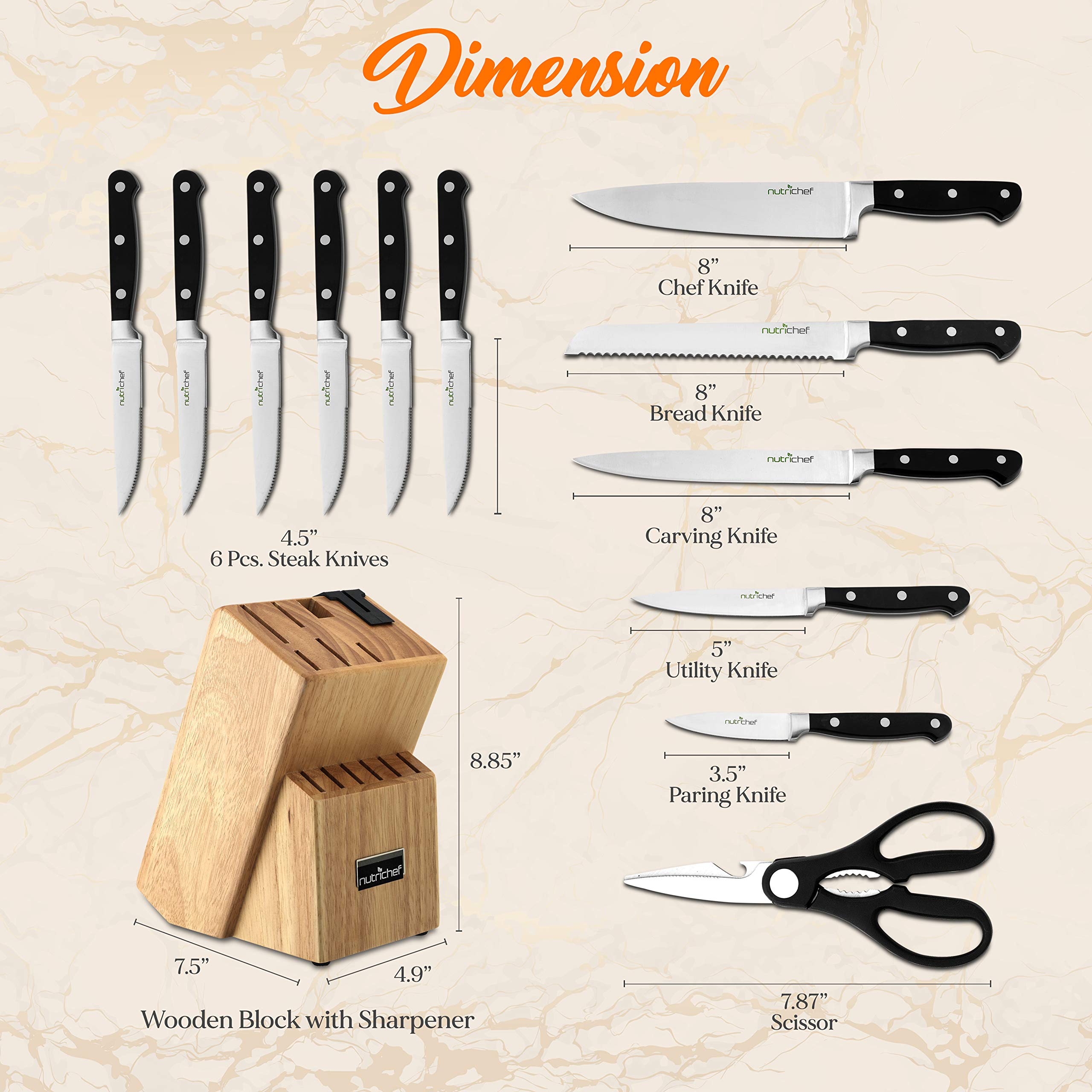 NutriChef 13-Piece Kitchen Knife Set with Wooden Block - Premium Stainless Steel Knives with Scissors & Built-In Sharpener - Ultra Sharp, Lightweight & Durable - Dishwasher Safe for Easy Cleaning - Perfect for Home Chefs, Cooking Enthusiasts & Professional Kitchens (NCKNS13)