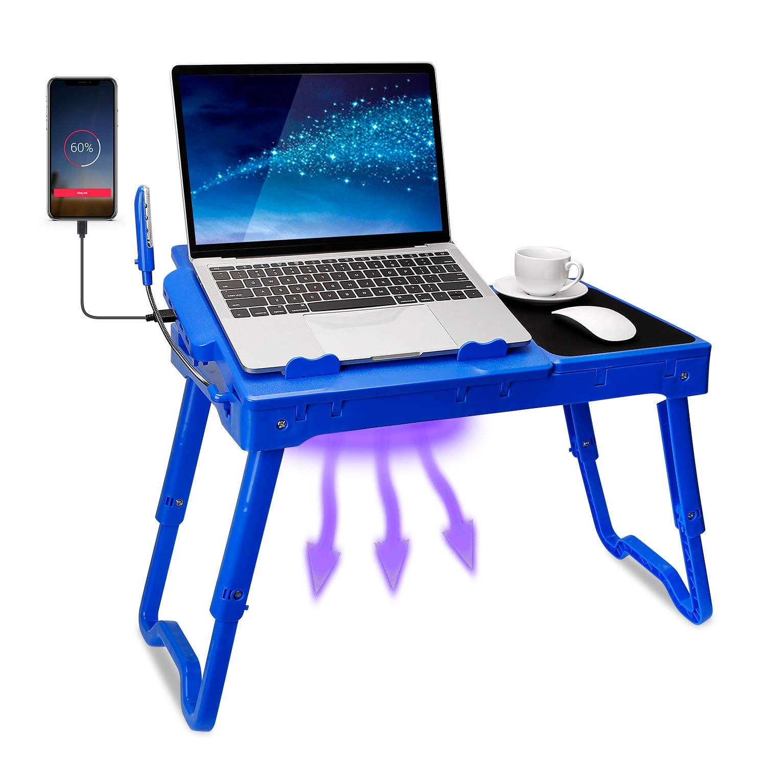 Adjustable Laptop Bed Desk with Cooling Fan, 4 USB Ports & LED Light - Foldable Portable Lap Stand for Sofa, Couch or Bed - Includes Storage Drawer & Mouse Pad (Blue) - Perfect for Home Office, Gaming & Binge-Watching in Bed