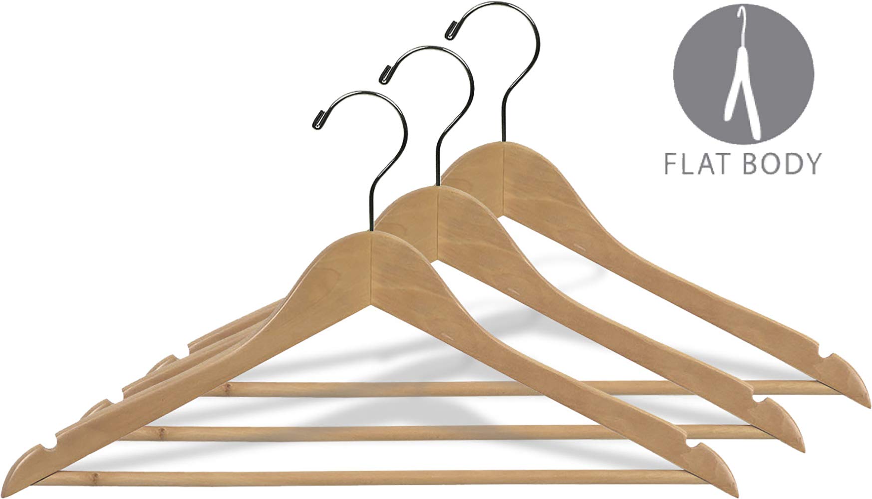 Premium Wooden Suit Hangers - Natural Finish Solid Wood Bar with Chrome Swivel Hooks (Box of 50) - Space Saving 17 Inch Flat Design for Shirts, Dresses & Pants - Ideal for Closet Organization, Retail Stores & Dry Cleaning Businesses