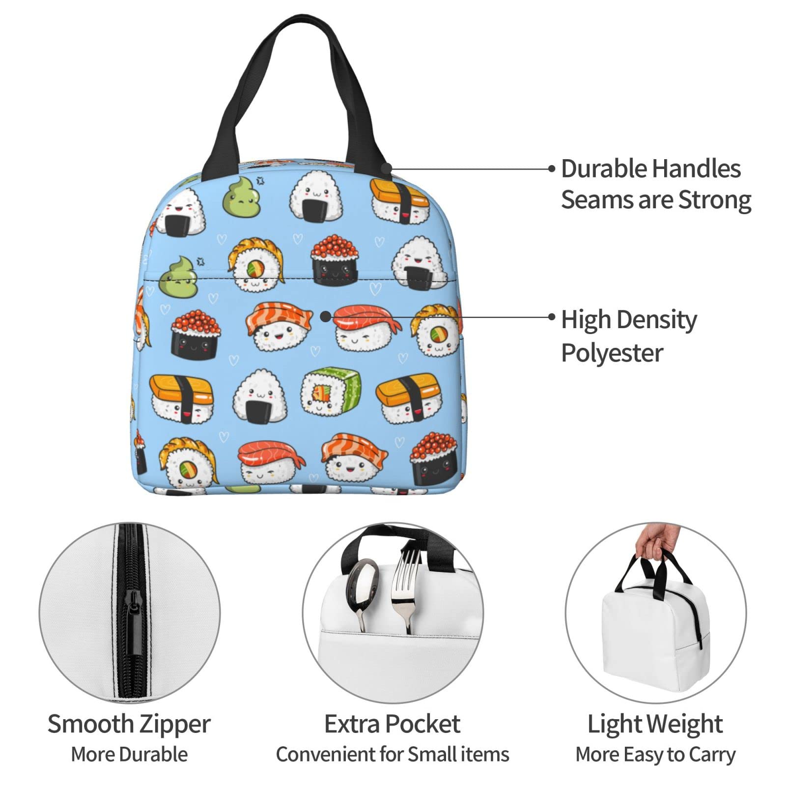 Japanese Sushi Themed Insulated Lunch Bag - Kawaii Blue Reusable Waterproof Lunch Box for Women, Men, Kids | Perfect for School, Work, Picnics & Outdoor Activities