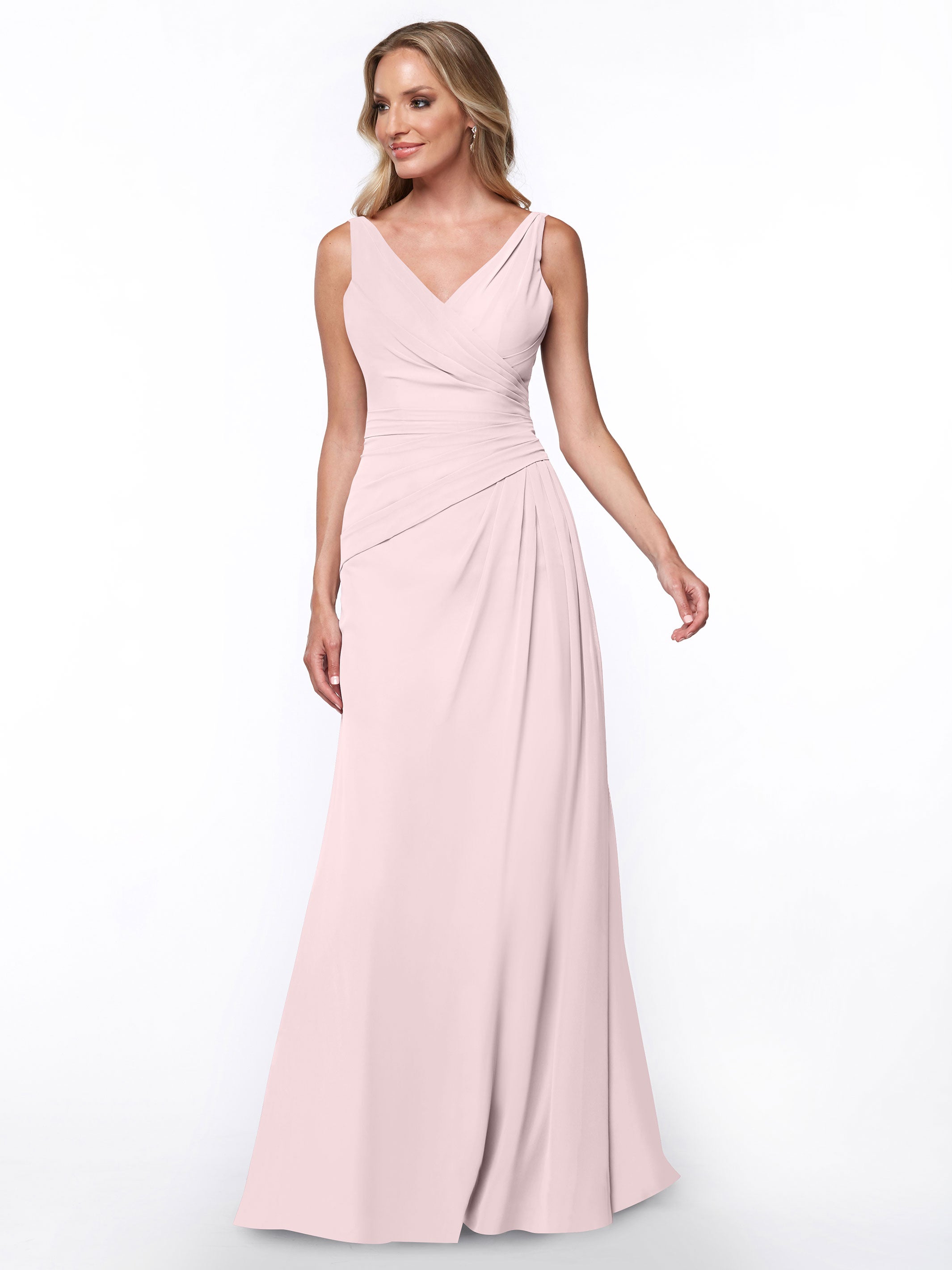 Elegant 80030 Chiffon Sheath Bridesmaid Dress with Ruching V-Neck Bodice - Perfect for Weddings, Formal Events & Special Occasions
