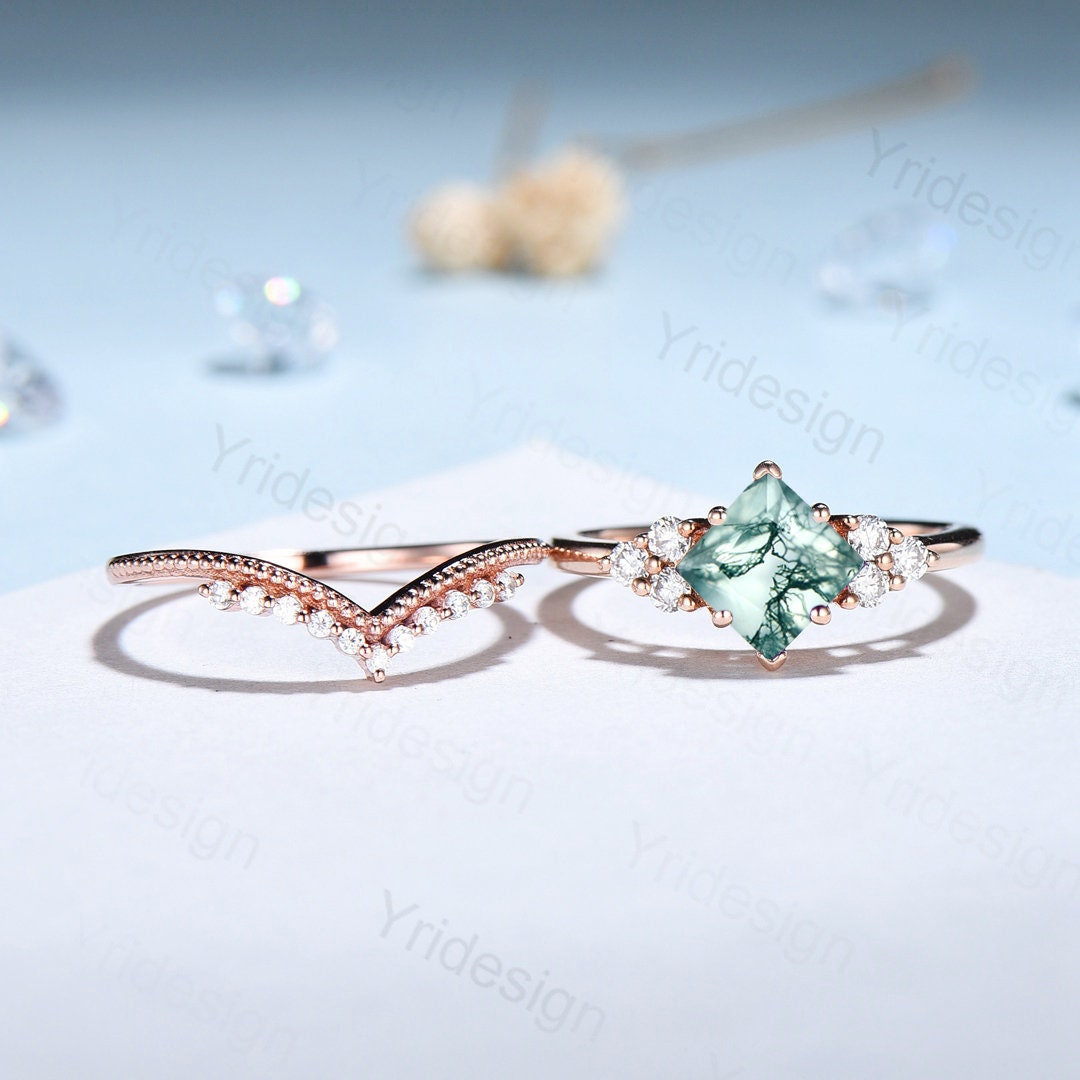 2CT Princess Cut Moss Agate Engagement Ring Set in 14K Rose Gold - Vintage Art Deco Style with Moissanite Accents | Unique Bridal Jewelry for Women, Perfect for Proposals, Weddings & Anniversary Gifts
