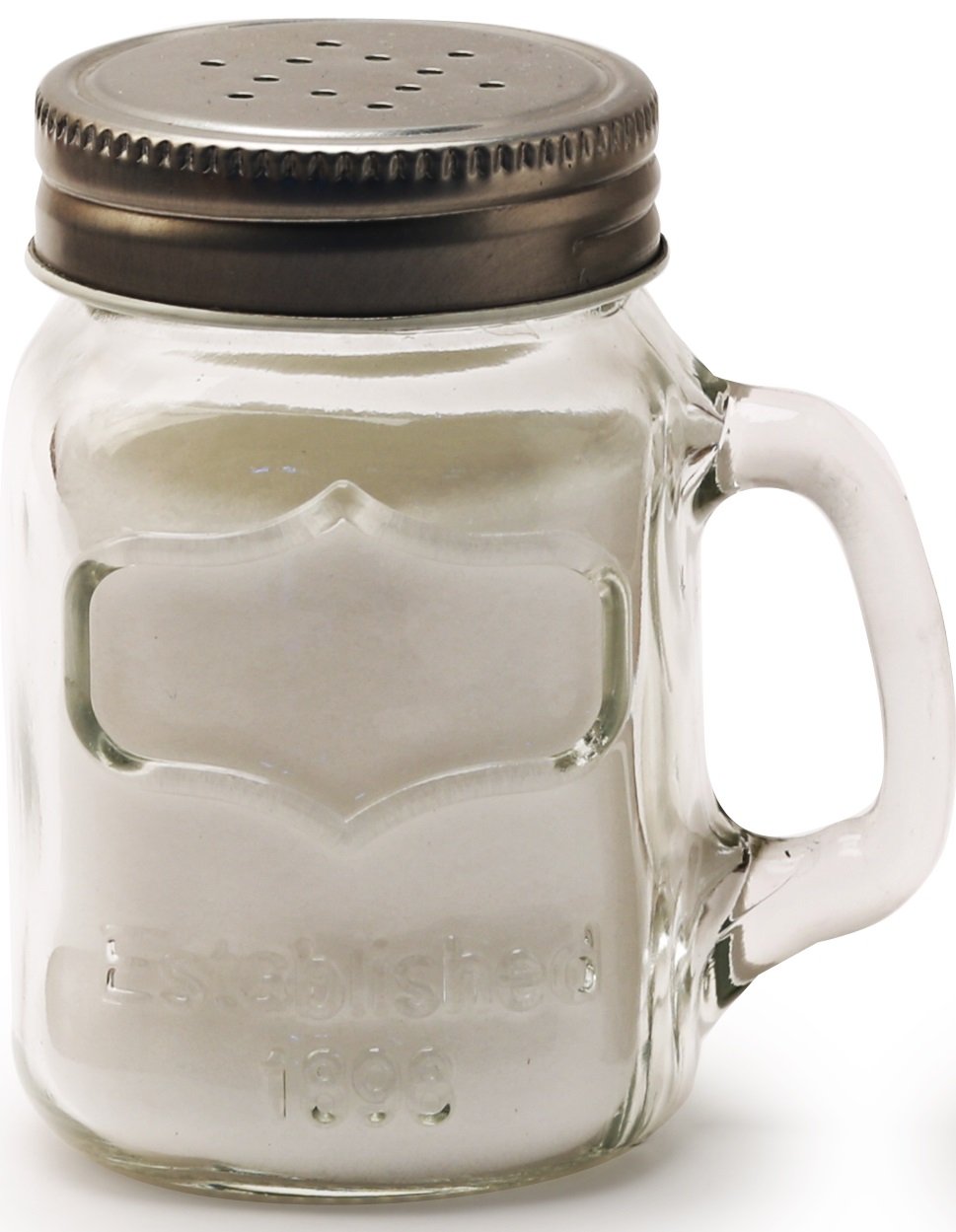 Circleware Glass Mini Mason Jar Mug Salt and Pepper Shakers with Handles & Metal Lids - 5oz Clear Glass Kitchenware for Himalayan Seasoning Spices, 2-Piece Set - Perfect for Dining Table, Kitchen Counter & Gift Giving