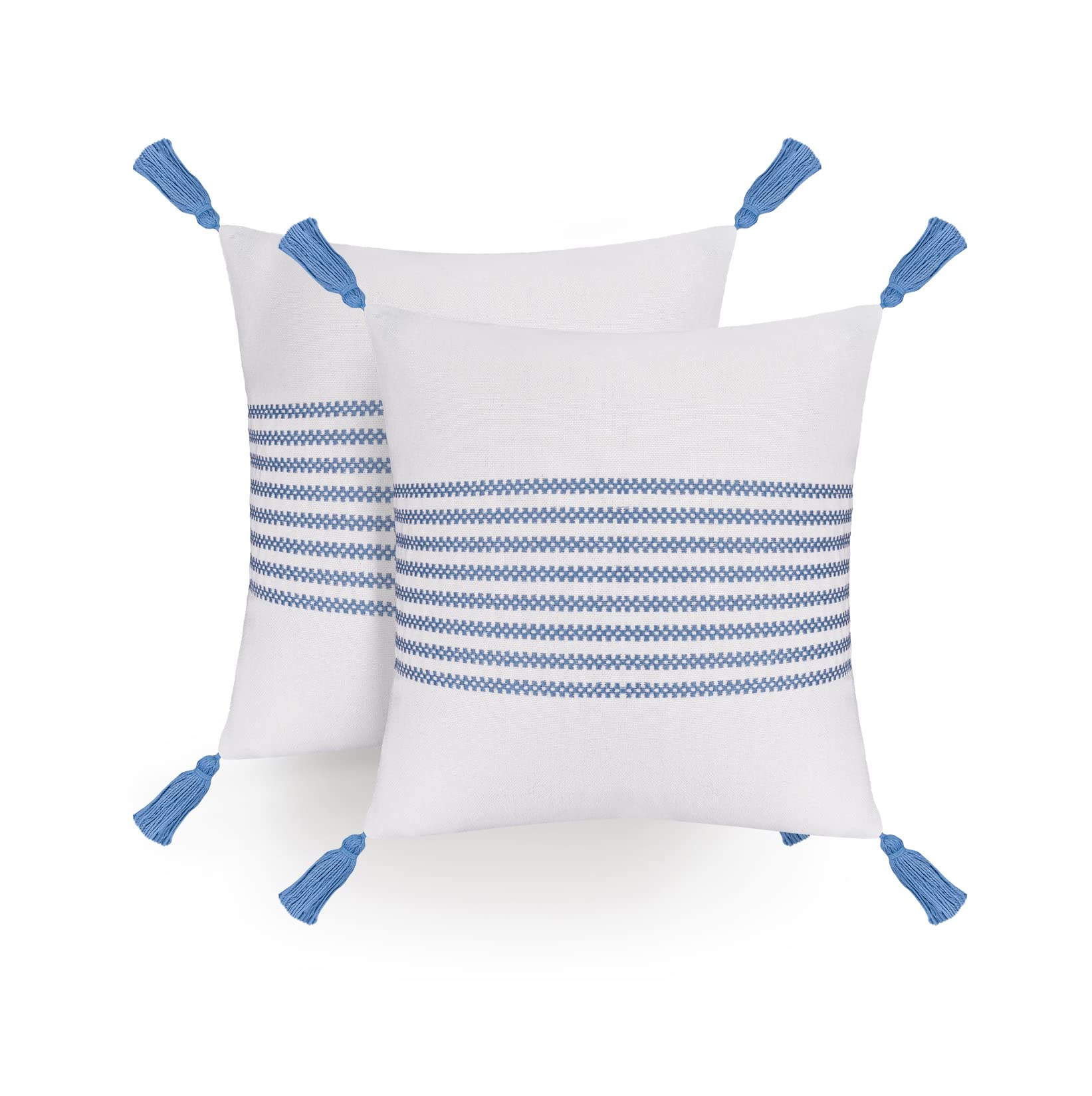 LA JOLIE MUSE Boho Throw Pillow Covers Set of 2 - 18x18 Inch Farmhouse Decorative Square Pillow Cases for Couch, Sofa & Bed - Blue and White Striped Cotton Covers - Perfect for Living Room, Bedroom & Home Decor