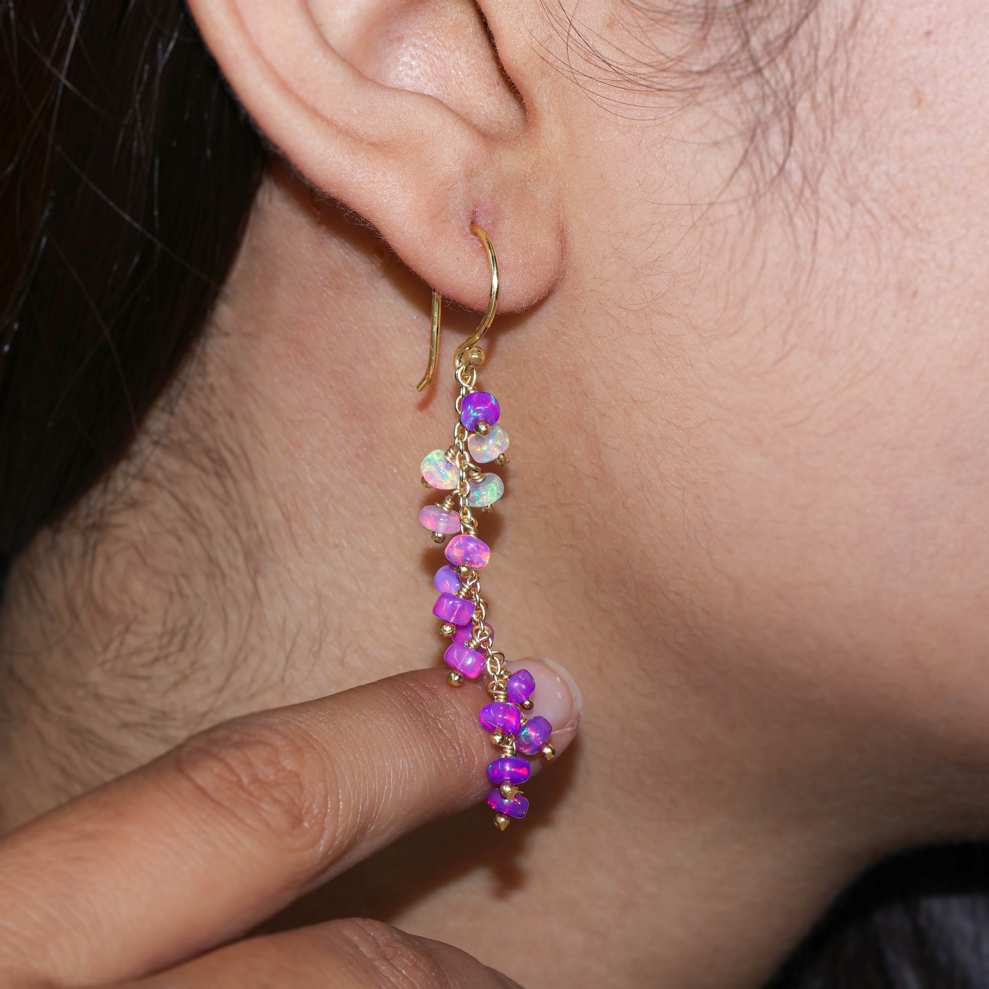 Natural Purple Opal Beaded Long Cluster Dangle Earrings for Women | Handmade Boho Chic Jewelry | Perfect for Parties, Weddings & Special Occasions