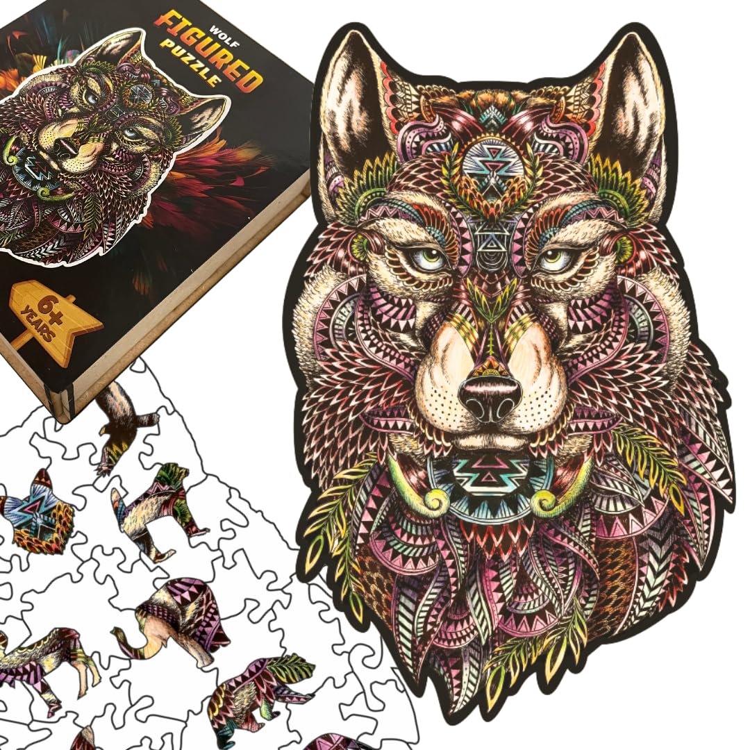 Premium Wooden Animal Puzzle for Kids & Adults - 9 Unique Artistic Designs with Wolf Figure Pieces | A4 Size Educational Toy for Family Game Night & Cognitive Development | Yole.toys® Wooden Figured Puzzle