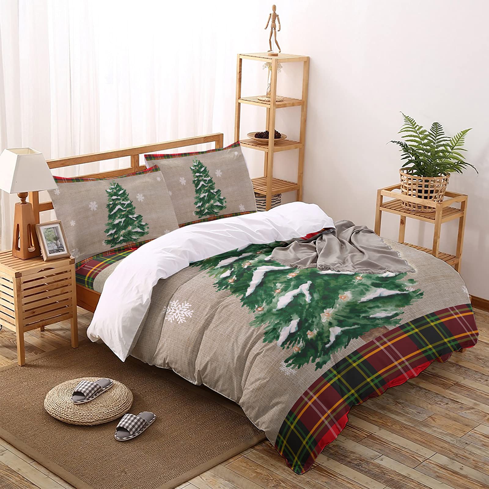 4-Piece King Size Duvet Cover Set - Merry Christmas Snowflake & Xmas Tree Red Buffalo Check Plaid - Ultra Soft Linen Bedding with Zipper Closure & Corner Ties - Perfect for Holiday Home Decor & Cozy Winter Nights