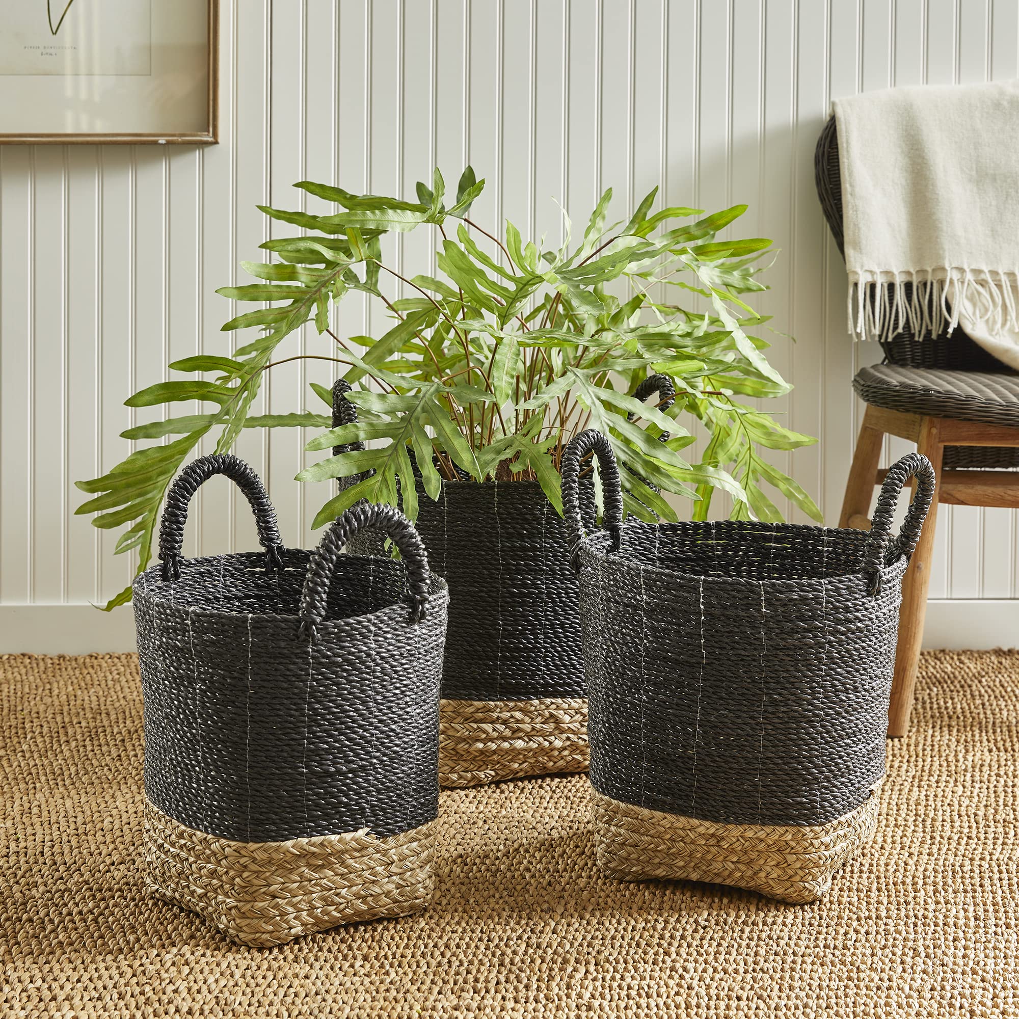 Napa Home & Garden Madura Market Baskets - Set of 3 (Black/Natural) - Stylish Storage for Farmers Market, Picnics & Home Decor