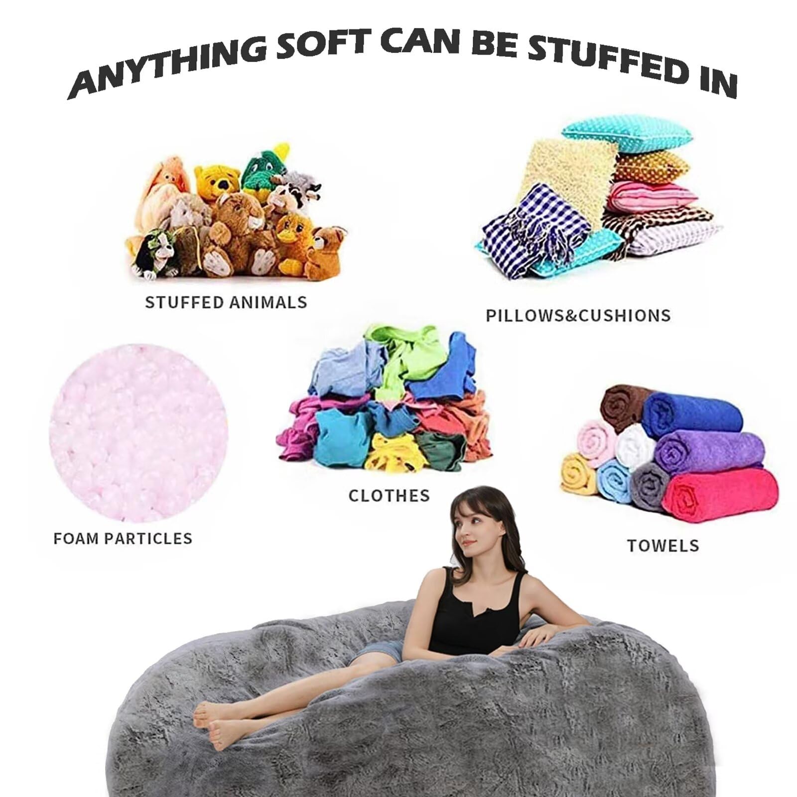 7FT Oversized Bean Bag Chair Cover for Adults & Kids - Grey - Perfect for Stuffed Animal Storage, Lounging & Game Room Decor