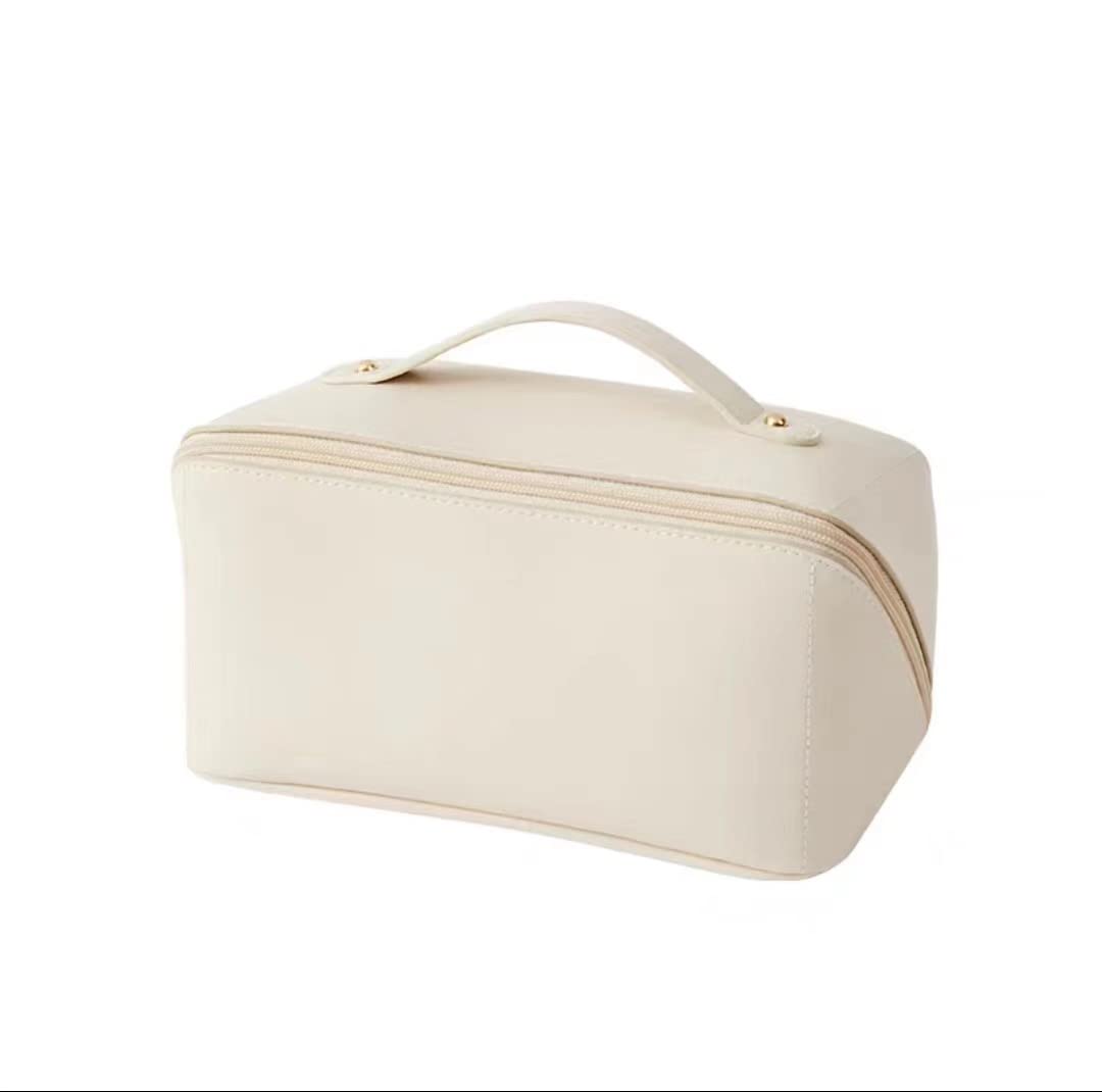Large Capacity Waterproof Leather Makeup Bag Organizer - Travel Cosmetic Case for Women (Cinnamon Milk) | Perfect for Air Travel, Gym Essentials & Daily Beauty Storage