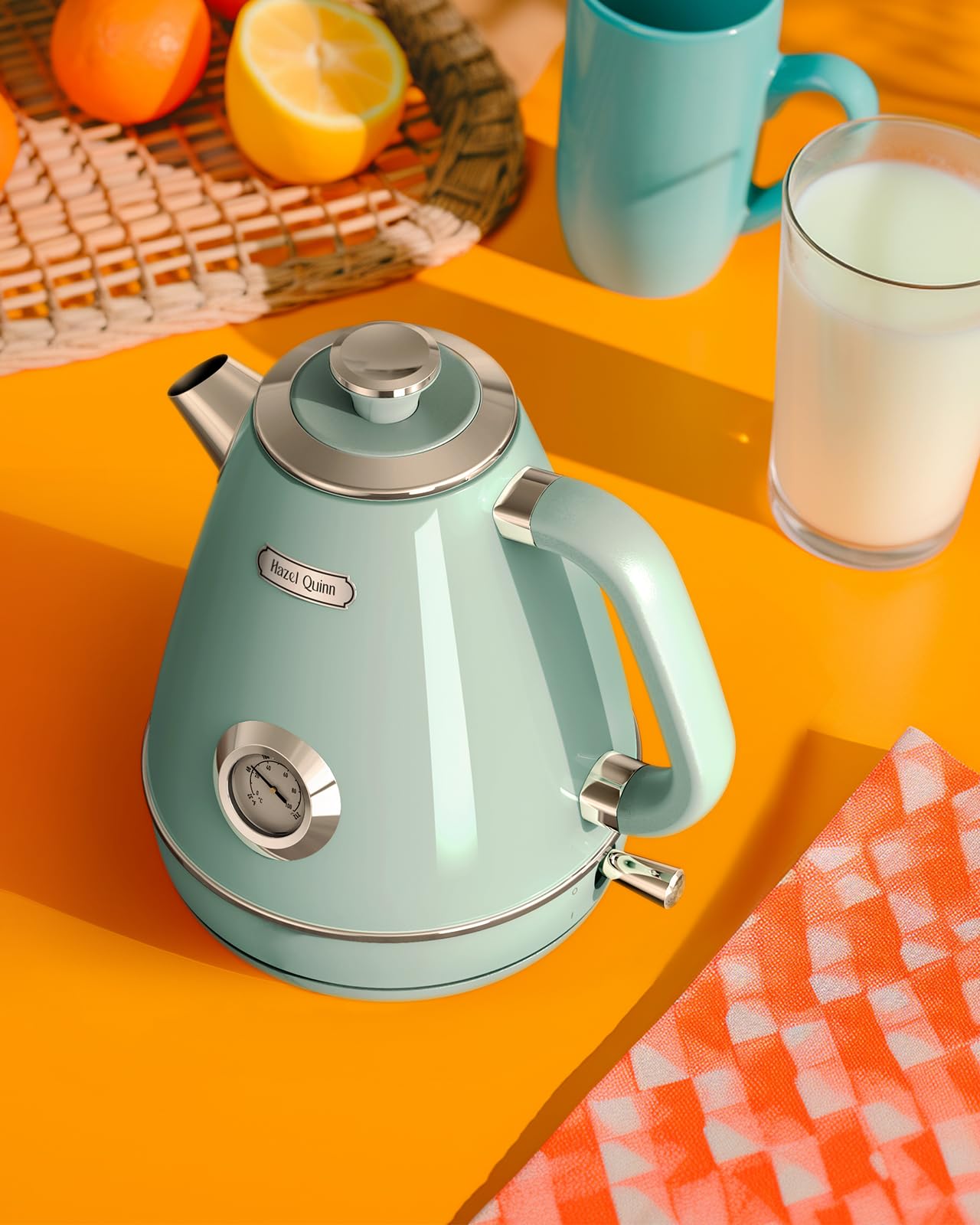 Hazel Quinn Retro Electric Kettle 1.7L (57.5oz) - Stainless Steel Fast Boiling Tea Kettle with Thermometer, 1200W, BPA-Free, Cordless & Auto Shut Off - Perfect for Home, Office & Tea Lovers (Mint Green)