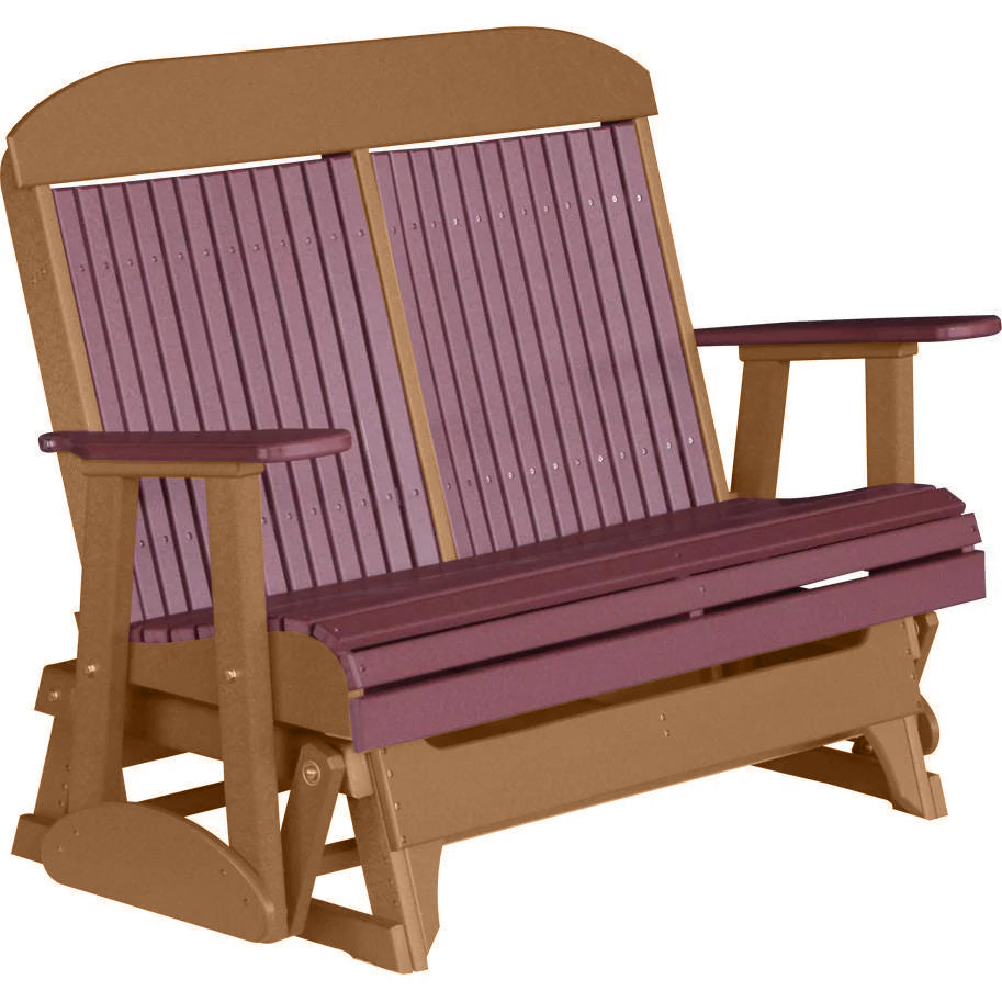 LuxCraft 4 ft. Cherry Wood Recycled Plastic Highback Outdoor Glider Bench - Perfect for Patio, Garden, and Backyard Relaxation