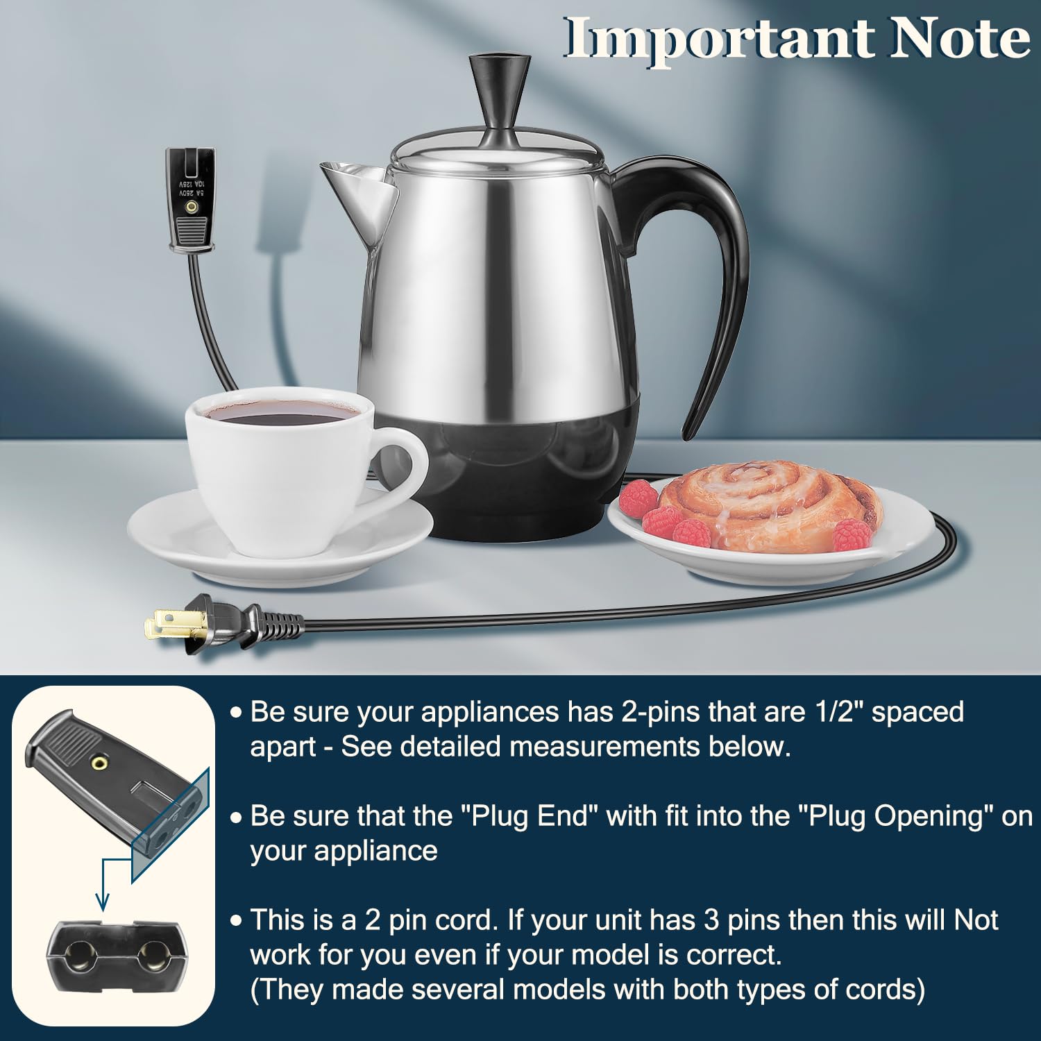 3ft Long 2 Pin 1/2 Inch Spacing Power Cord Replacement for Farberware FCP280 Coffee Pot Percolator - Compatible with Rice Cookers, Slow Cookers & Small Appliances - Perfect for Home & Office Use