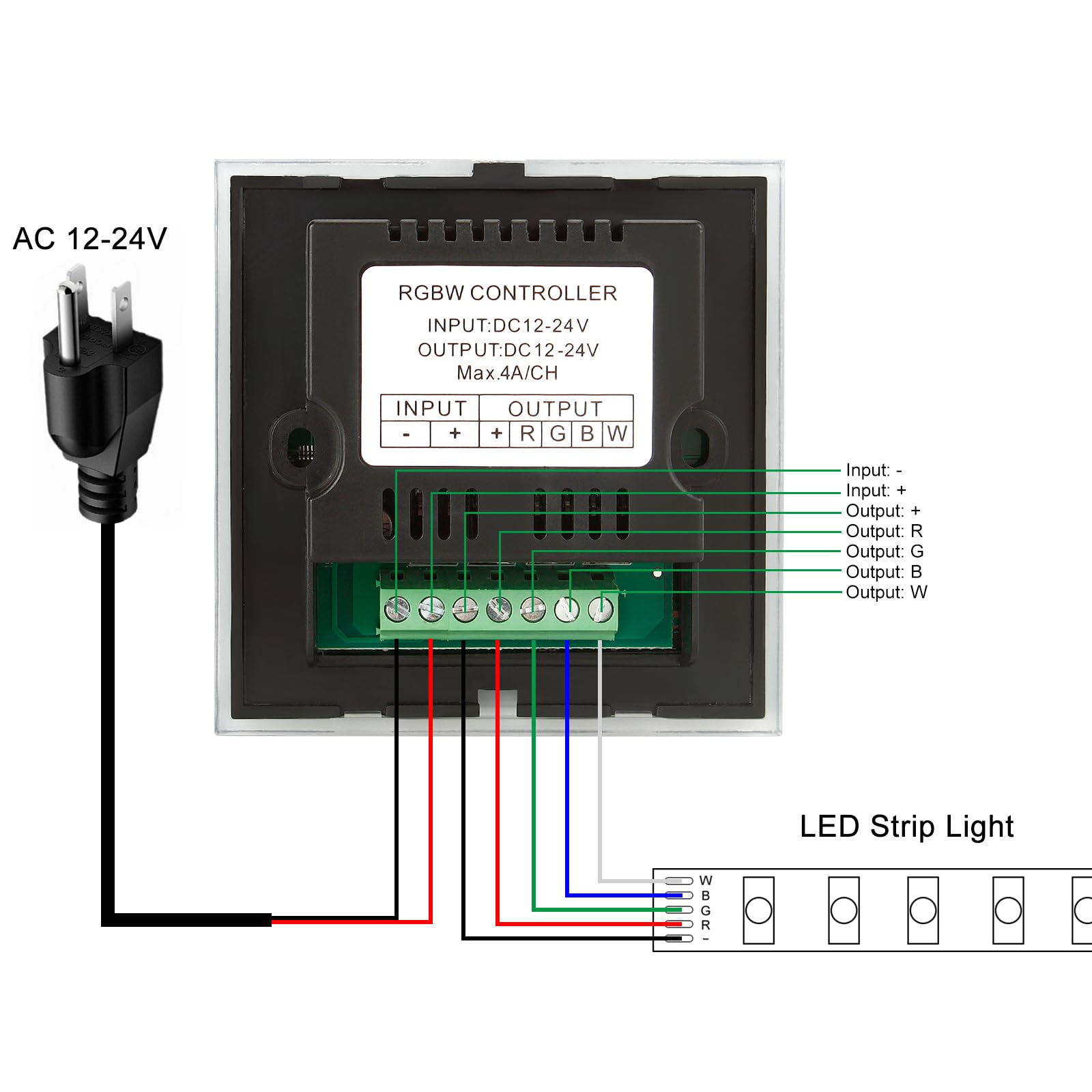 RGBW LED Light Strip Controller - 4 Channel Touch Panel Dimmer for DC12V-24V 16A RGB/RGBW LED Strips | Wall-Mounted Smart Lighting Control | Perfect for Home Theater, Bedroom Mood Lighting & DIY LED Projects