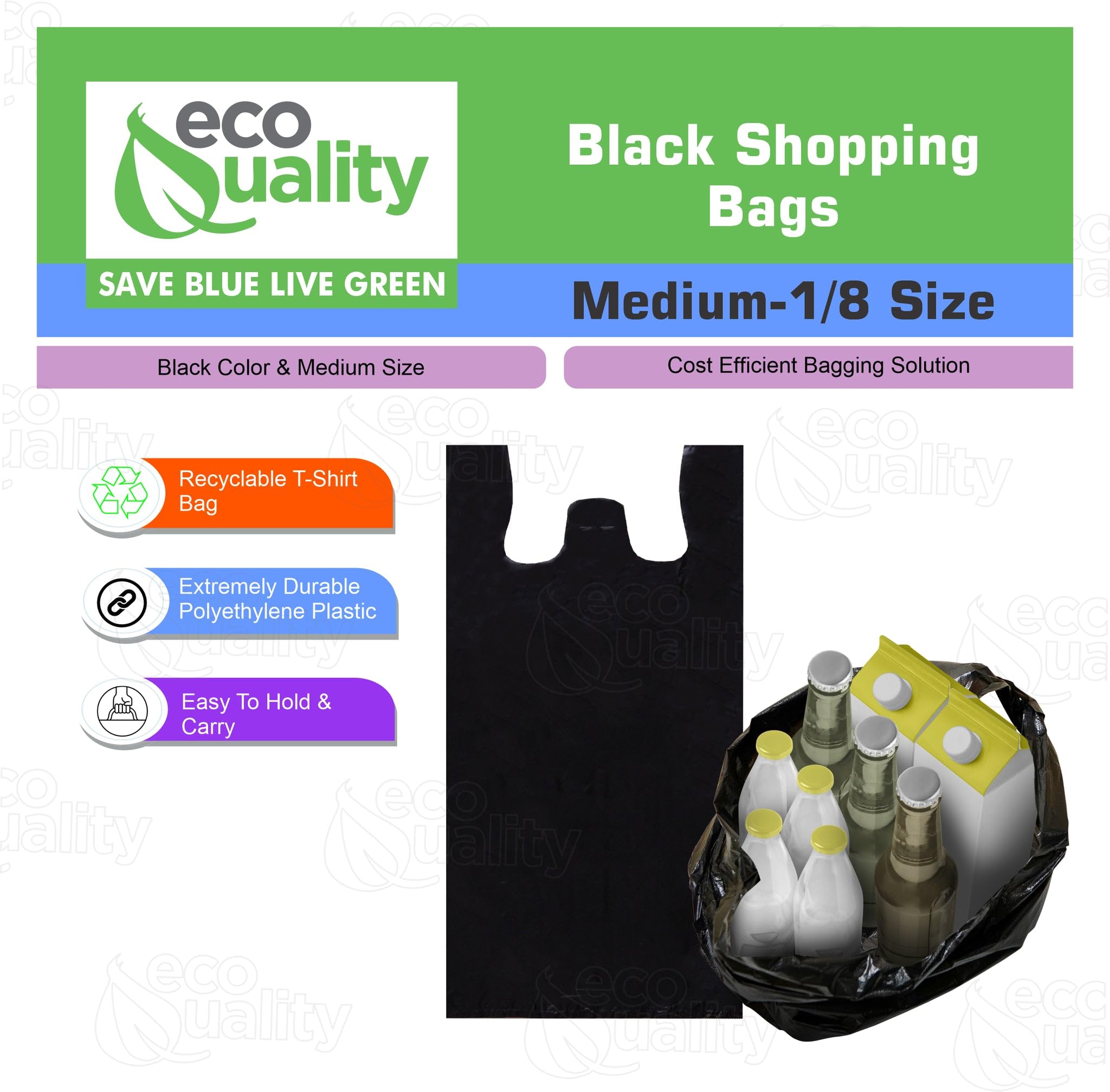 EcoQuality Plastic Black T-Shirt Bags 2000ct - 1/8 Size Reusable Shopping Bags, Grocery Bags, Poly Bags (10x5x18 in, 13 Micron) - Perfect for Retail Stores, Farmers Markets & Takeout Orders