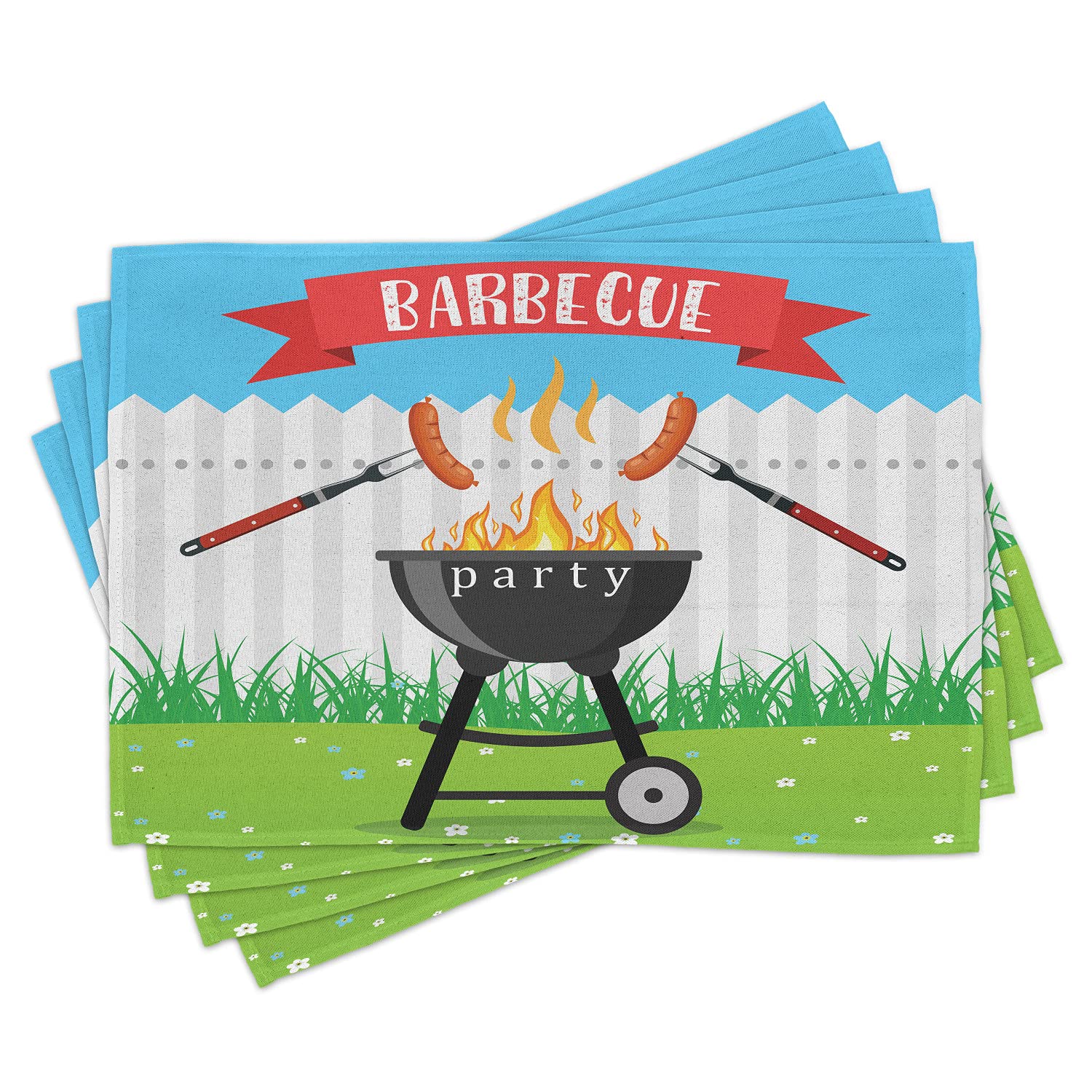 Lunarable BBQ Party Place Mats Set of 4 - Washable Fabric Dining Table Mats for Backyard Cooking, Grilling & Outdoor Entertaining - Standard Size Multicolor Kitchen Utensils Theme - Perfect for Picnics, Camping & Summer Gatherings