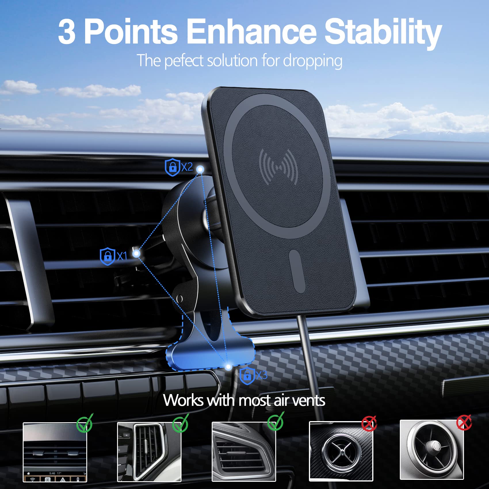 Magnetic Wireless Car Charger for iPhone 15/14/13/12 Series - 15W Fast MagSafe Car Mount Charger with Powerful Hold - Perfect for Safe Hands-Free Driving & Navigation