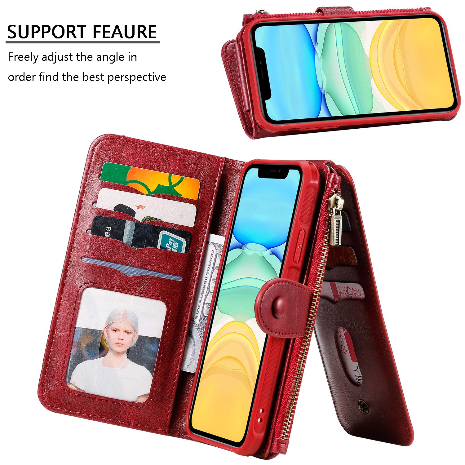Premium 2-in-1 Magnetic Detachable Wallet Case for Apple iPhone 11 Pro - Luxury Leather Flip Cover with Zipper Card Holder & Strong Magnets (Wine Red) | Perfect for Business, Travel & Everyday Use